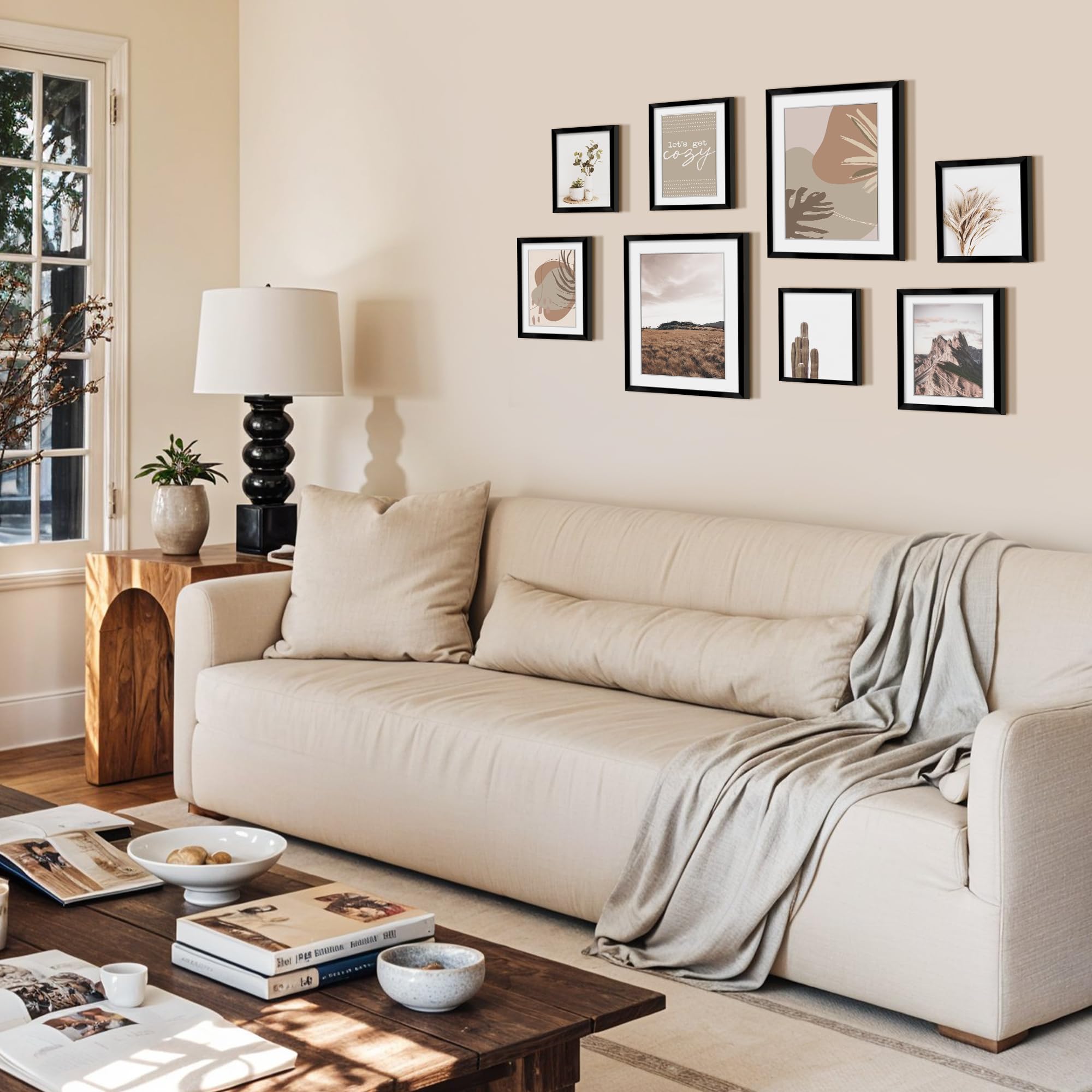 ArtbyHannah 8-Pack Black Framed Gallery Wall Art with Neutral Decorative Art Prints  Picture Frames Collage Modern Wall Decor with Multi-Size 11x14 x2pcs  8x10 x4pcs  6x8 x2pcs