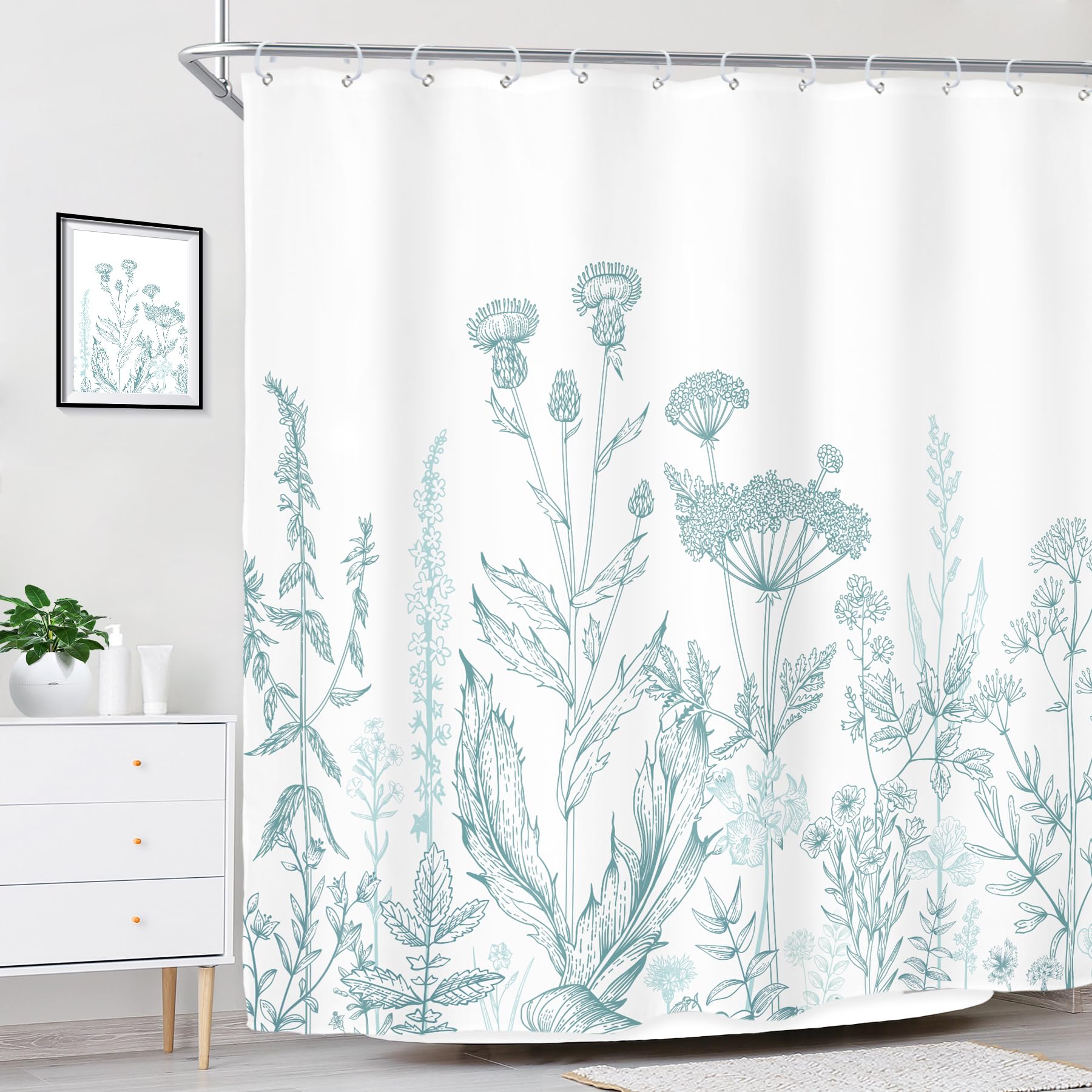 Riyidecor Teal Blue Floral Wildflower Shower Curtain For Bathroom Decor 72Wx72H Rustic Botanical Plant Leaves Farmhouse Spring N
