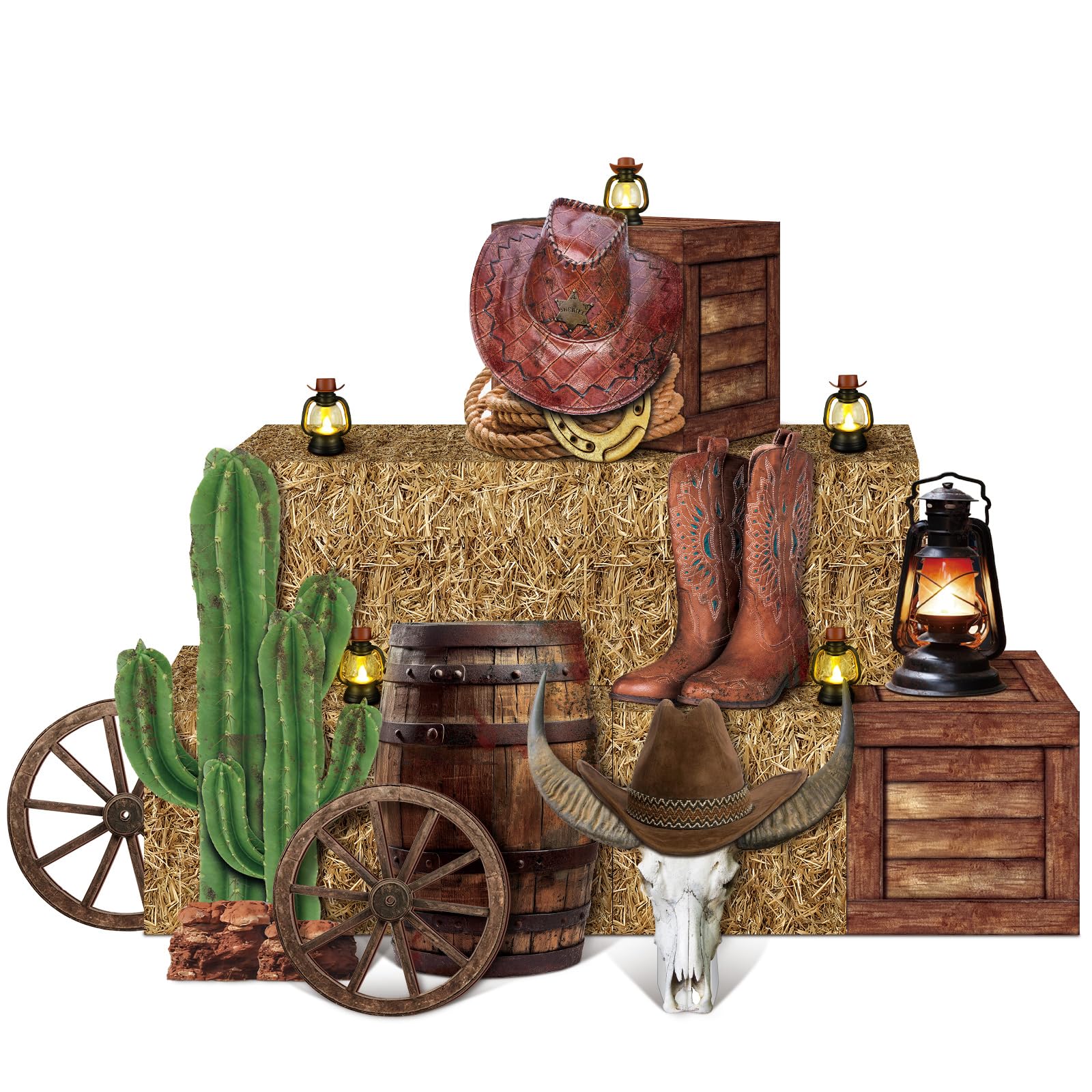 Colingmill 16 Pcs Cowboy Party Decorations Set 6 Hay Bales Boxes 2 Wood Print Boxes 2 Wood Wagon Wheels and 6 Western Cowboy Cen