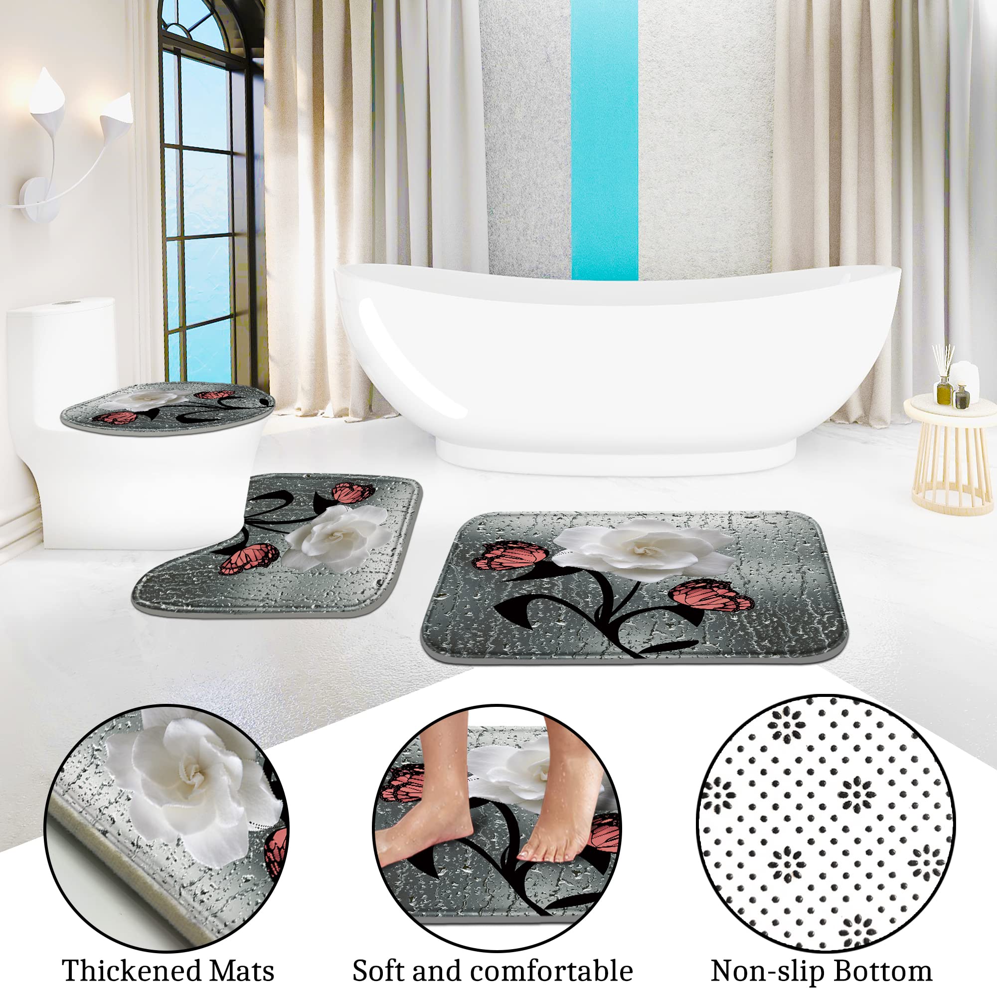 Poedist 4 Pcs Shower Curtain Set, White Gardenia Bathroom Set, Floral Shower Curtain Sets With Rugs(Bath Mat,U Shape And Toilet