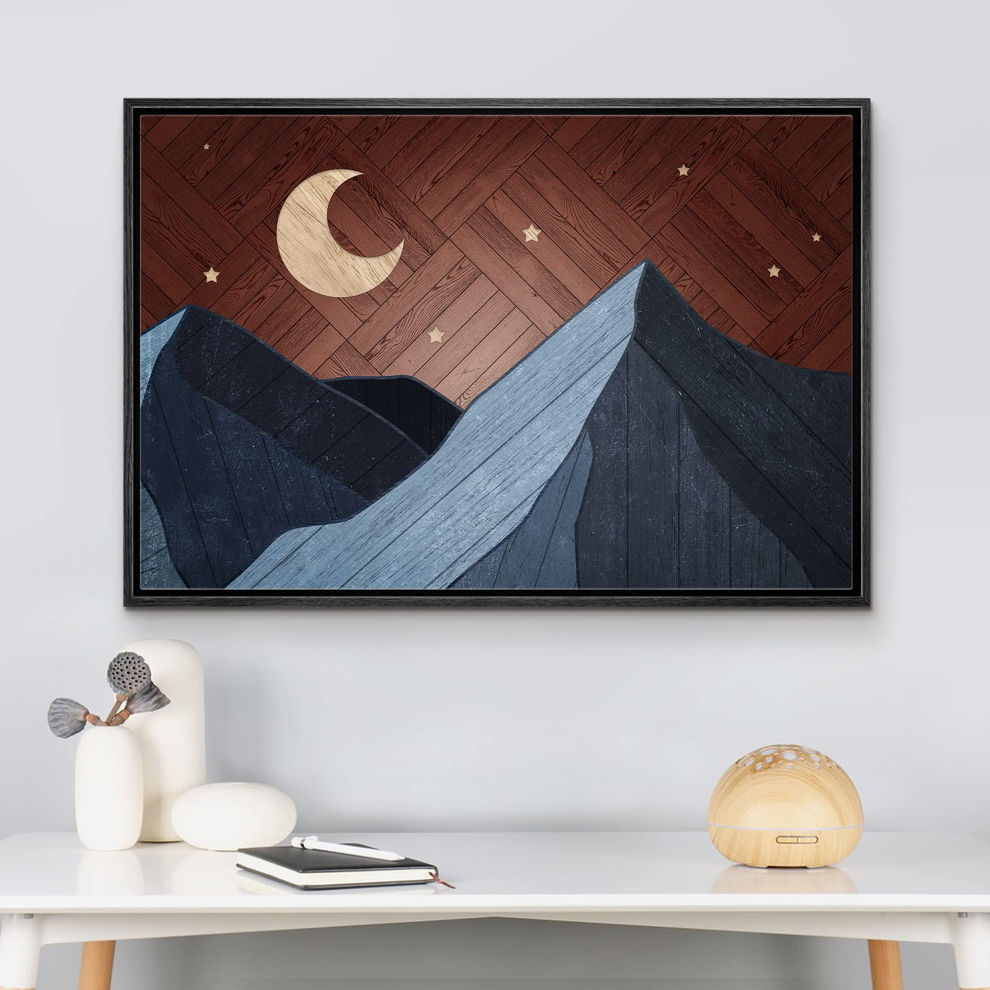 Wall26 Framed Canvas Print Wall Art Western Decor Wood Panel Crescent Moon Mountain Range Nature Wilderness Digital Art Modern A