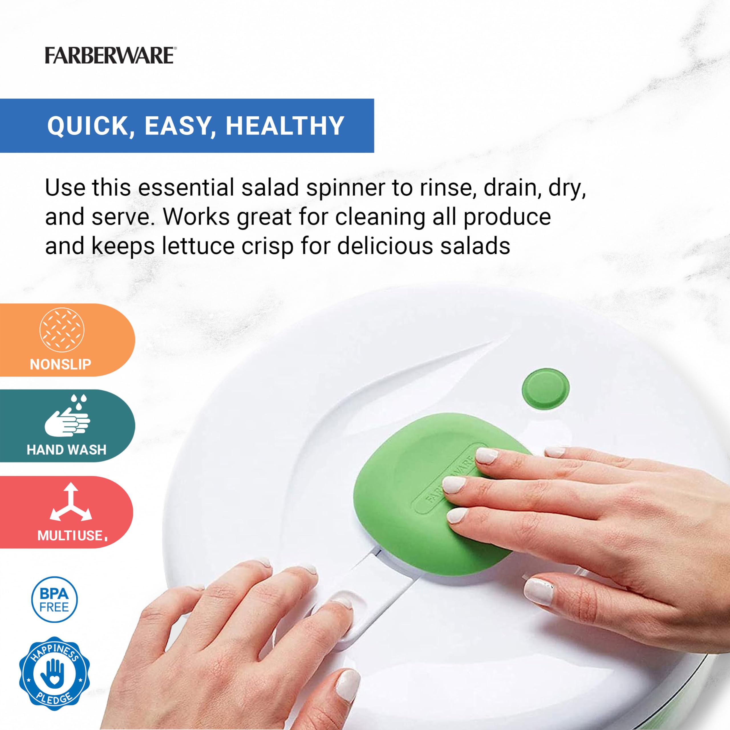 Farberware Pro Pump Spinner with Bowl & Colander, 6.6 Quart, Green, Built-in Draining System for Fresh Salad and Produce