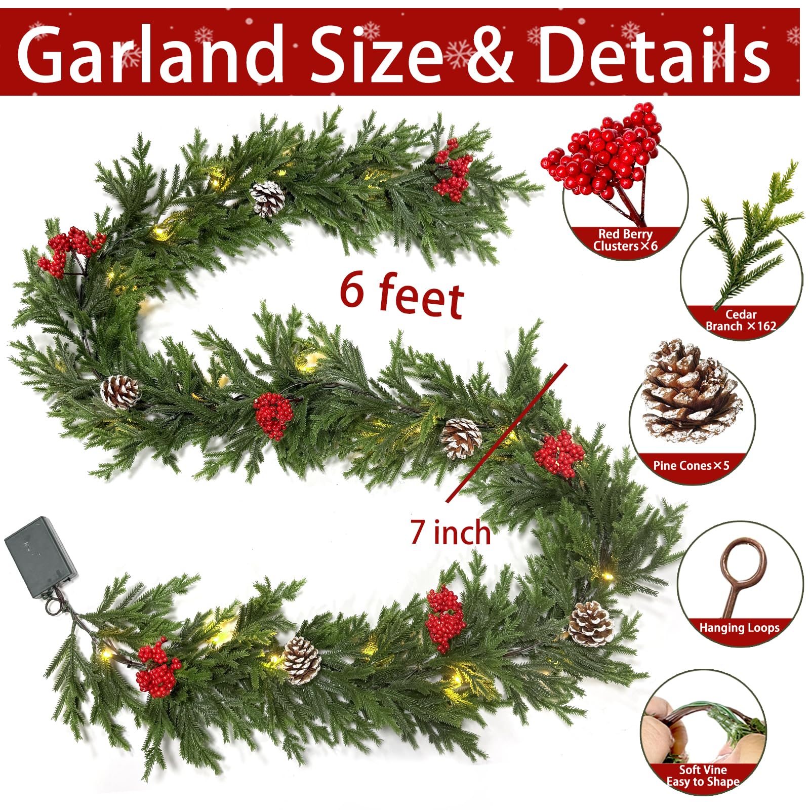 6FT Pre-lit Christmas Cedar Garland with 20 Warm White LEDs Timer Red Berries Pinecones and Soft Vine, Lighted Christmas Garland