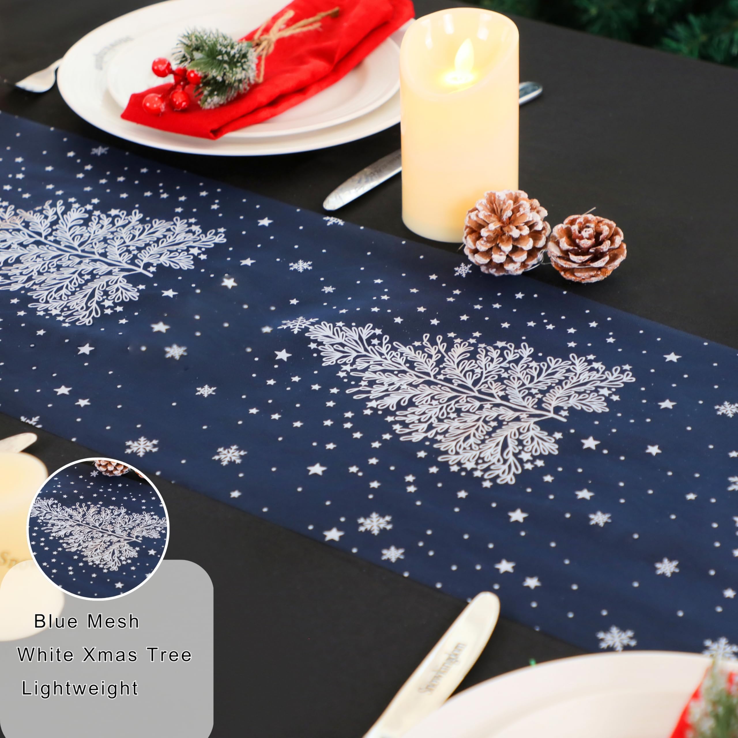 Snowkingdom Blue Christmas Table Runner, White Xmas Tree Snowflakes Table Runners Thin Mesh Lightweight 120 Inches Kitchen Dinin