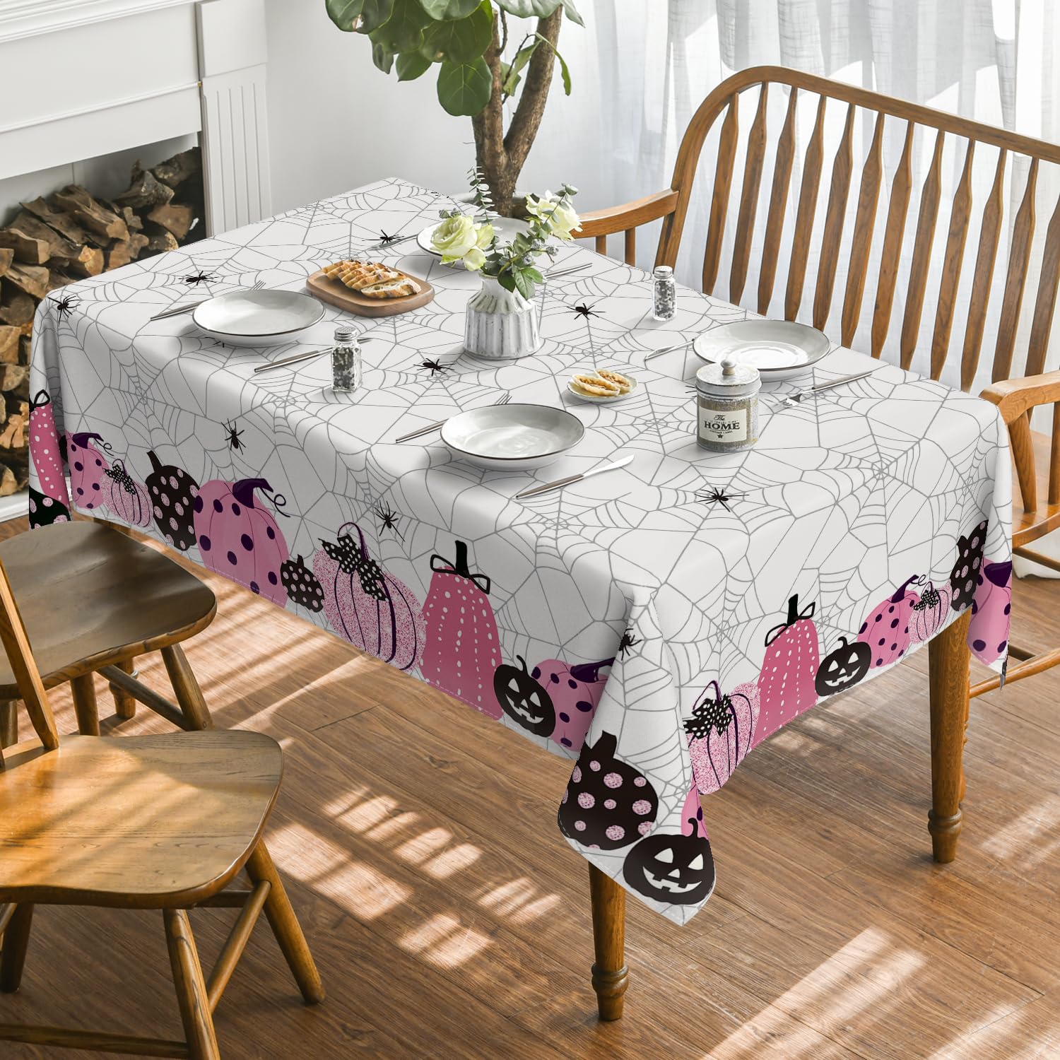 Horaldaily Halloween Tablecloth 60  120 Inch Rectangular, Jack-O-Lantern Pumpkin Cobweb Scary Themed Pink Washable Table Cover F
