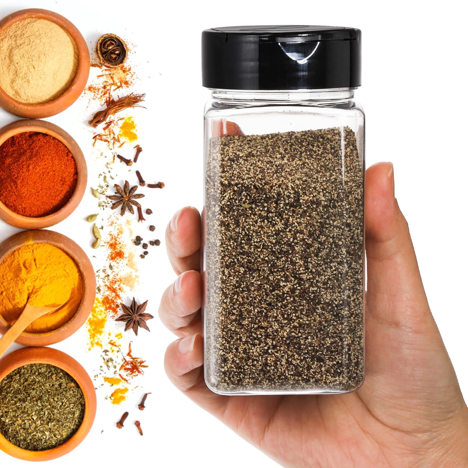 Bekith 16 Pack 9 Oz Plastic Spice Jars With Black Cap, Plastic Spice Bottles Empty Seasoning Containers For Storing Spice, Herbs