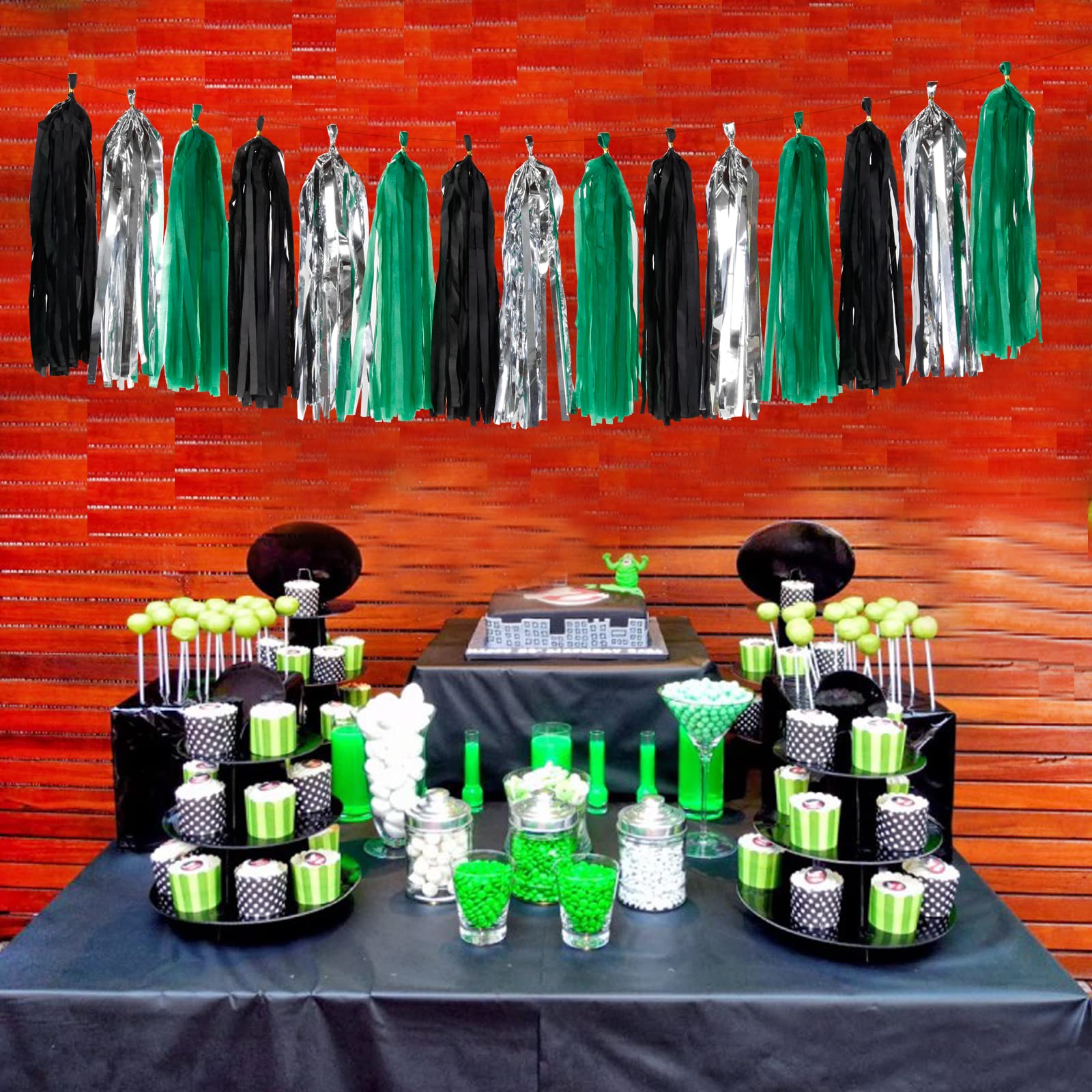 Black Green Silver Tassel Garland - 15pcs Soccer Party Supplies Tassels Graduation Backdrop Decorations Men Boys Birthday Spring