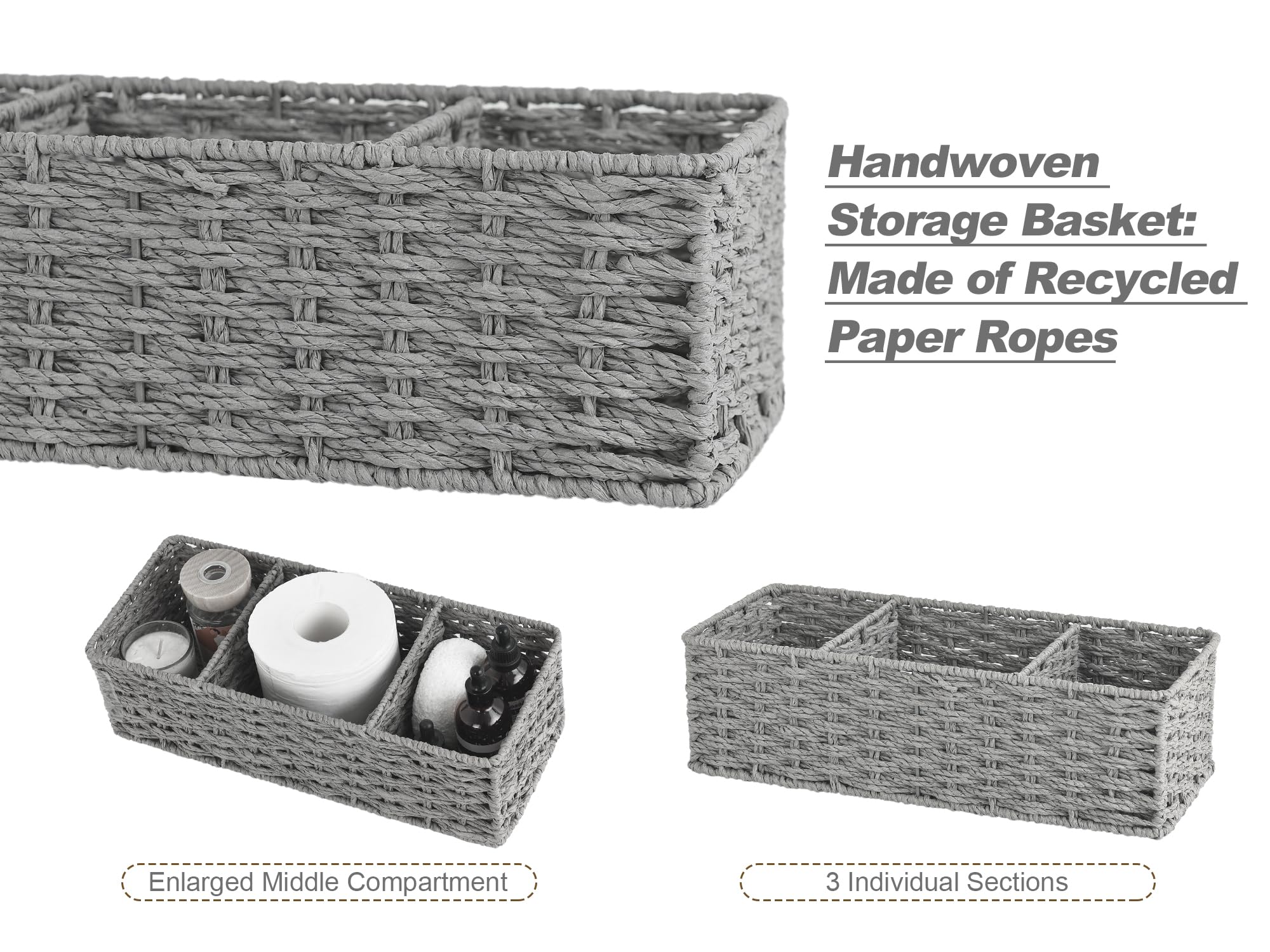 StorageWorks 3-Section Wicker Baskets for Shelves  Hand-Woven Round Paper Rope Storage Baskets  Gray  2-Pack