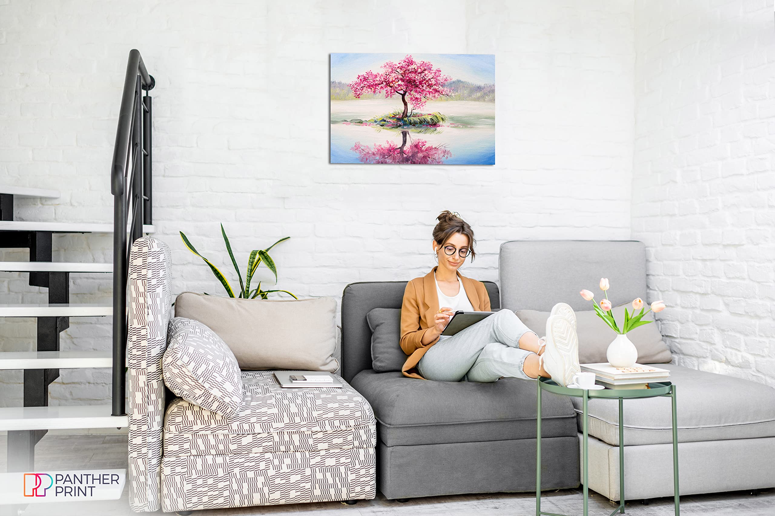 Panther Print, Canvas Prints, Wall Art For Hallway And Stairs, Bedroom And Living Room Decor, Japanese Oriental Cherry Tree On L