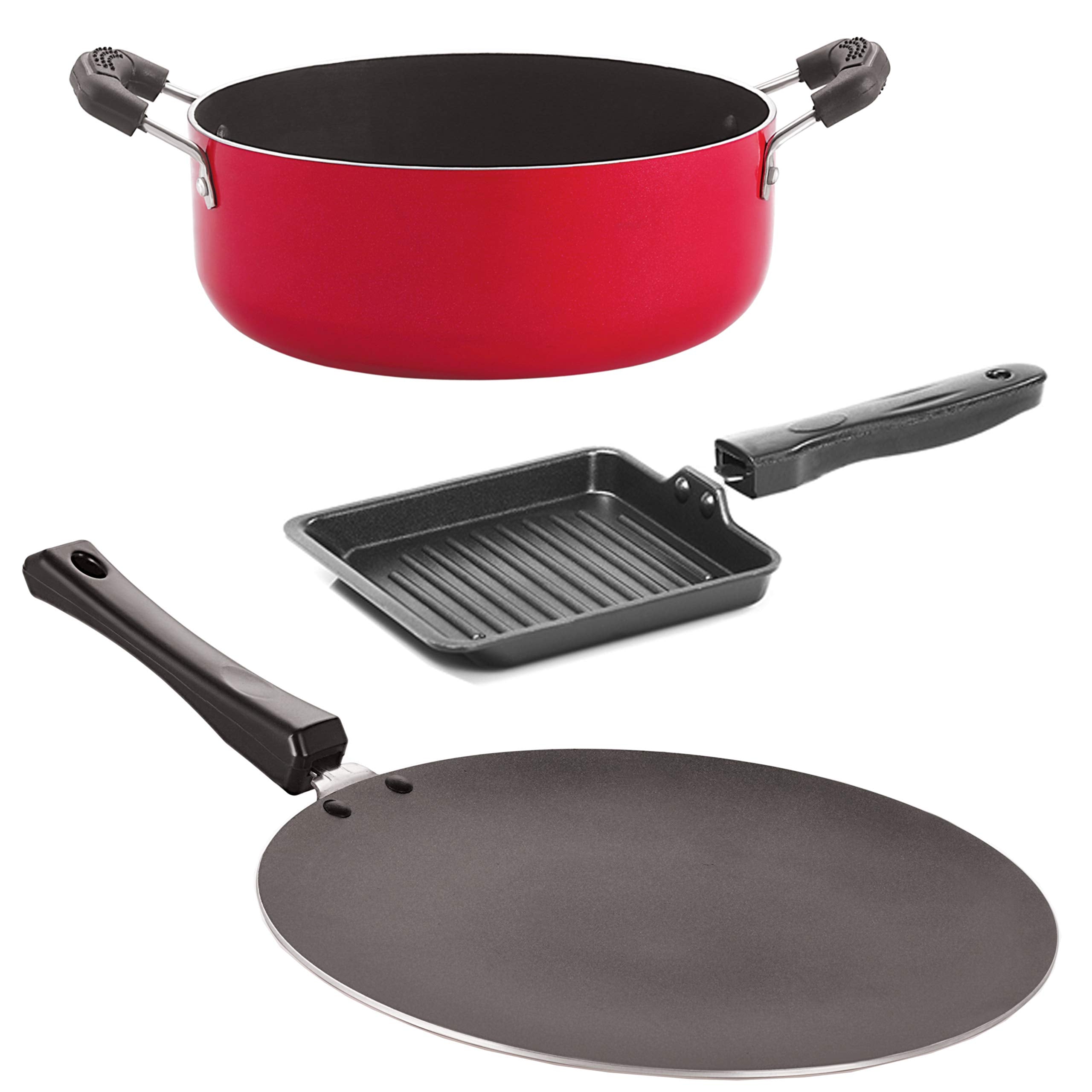 Nirlon Odor Free 3 Layer Nonstick Coating Cookware Gift Item 3 Pieces Set With Bakelite Handle (1Concave Tawa 27.5Cm/1 Small Gri