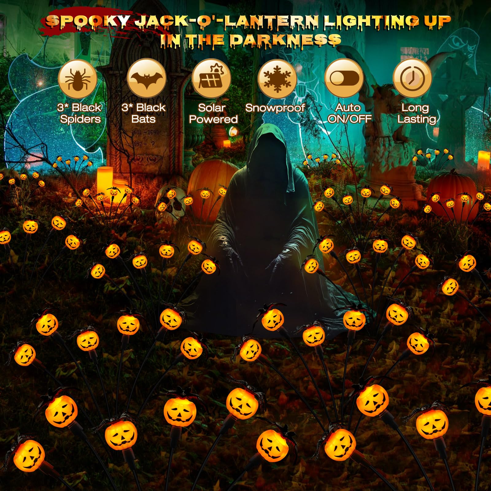 Weepong Halloween Decorations Outdoor 2 Pack Solar Lights, 12 LED Scary Pumpkin Swaying Firefly Lights with Spider & Bats for Ou