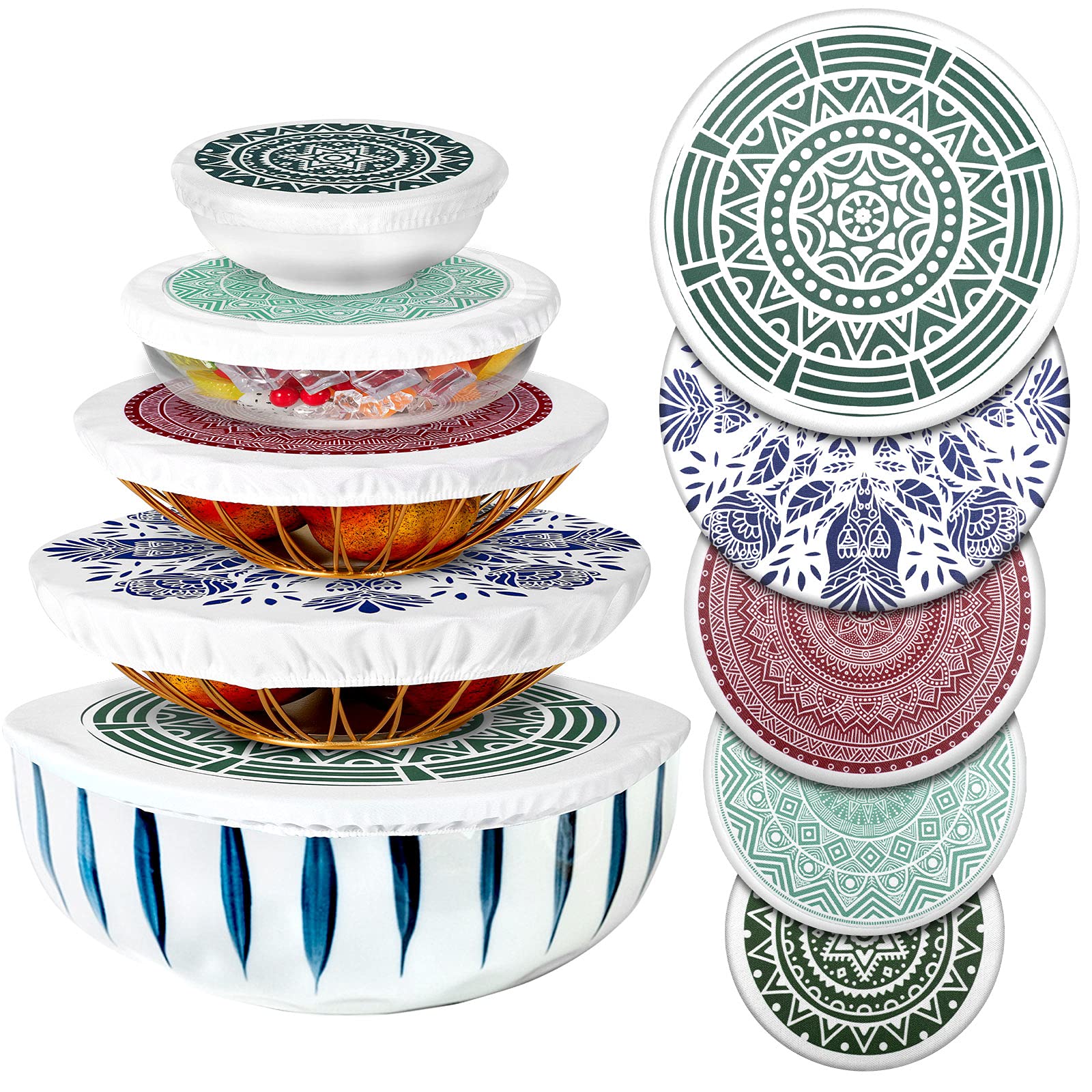 Patelai 10 Pieces Bowl Covers Reusable In 5 Size Stretch Cloth Fabric Bowl Covers Elastic Food Storage Covers Cotton Bread Bowl