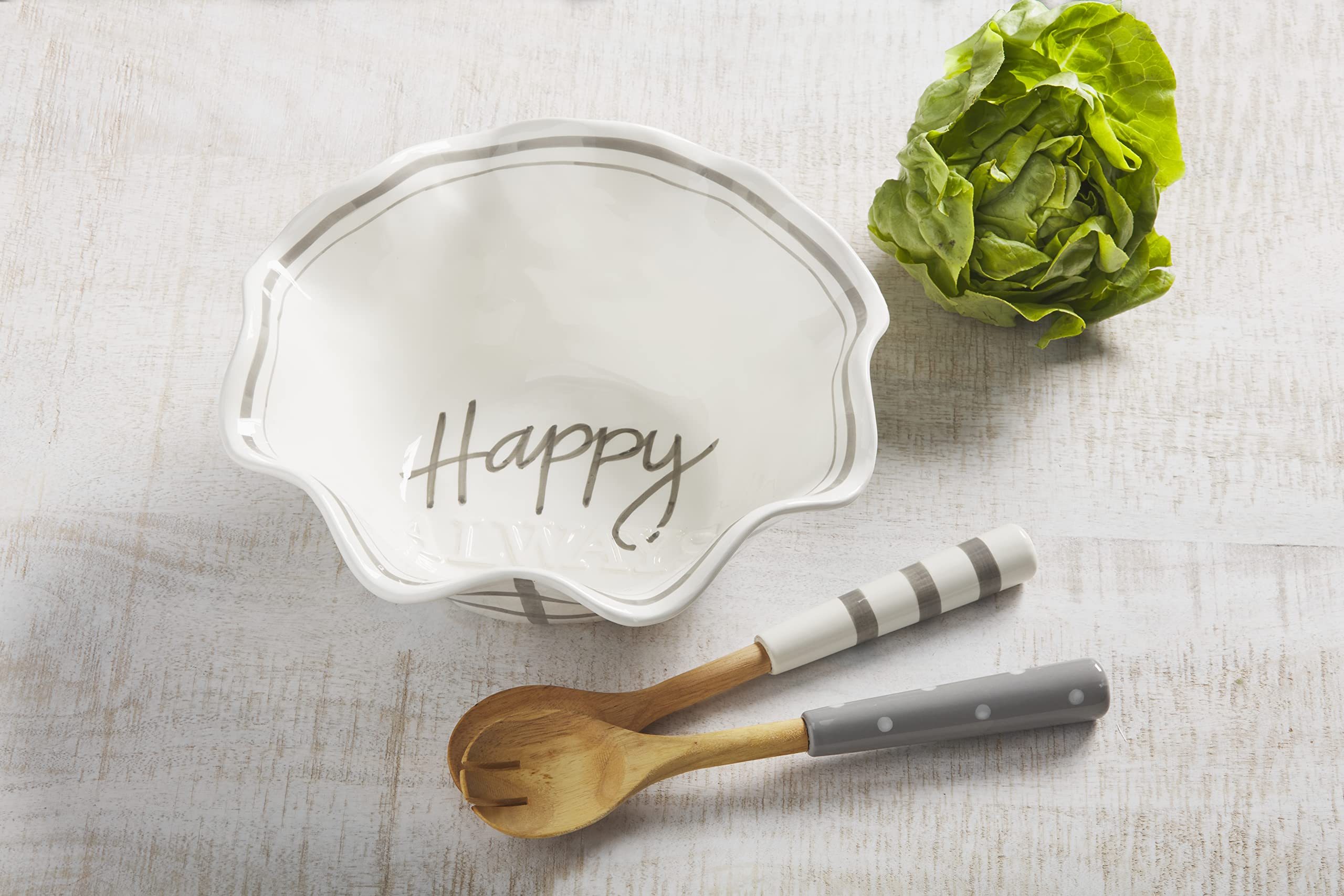 Mud Pie Happy Always Serving, White, 4.5'' X 12'', Utensils 11 1/2'' | Bowl 4 1/2'' X 12'' Dia