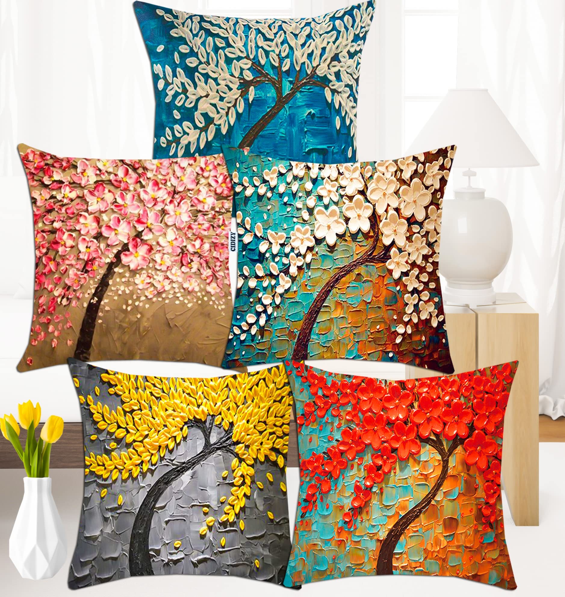 Cidizy Jute Tree Small Cushion Covers, 12X12 Inch Or 30Cm X 30Cm, Multicolour, Set Of 5