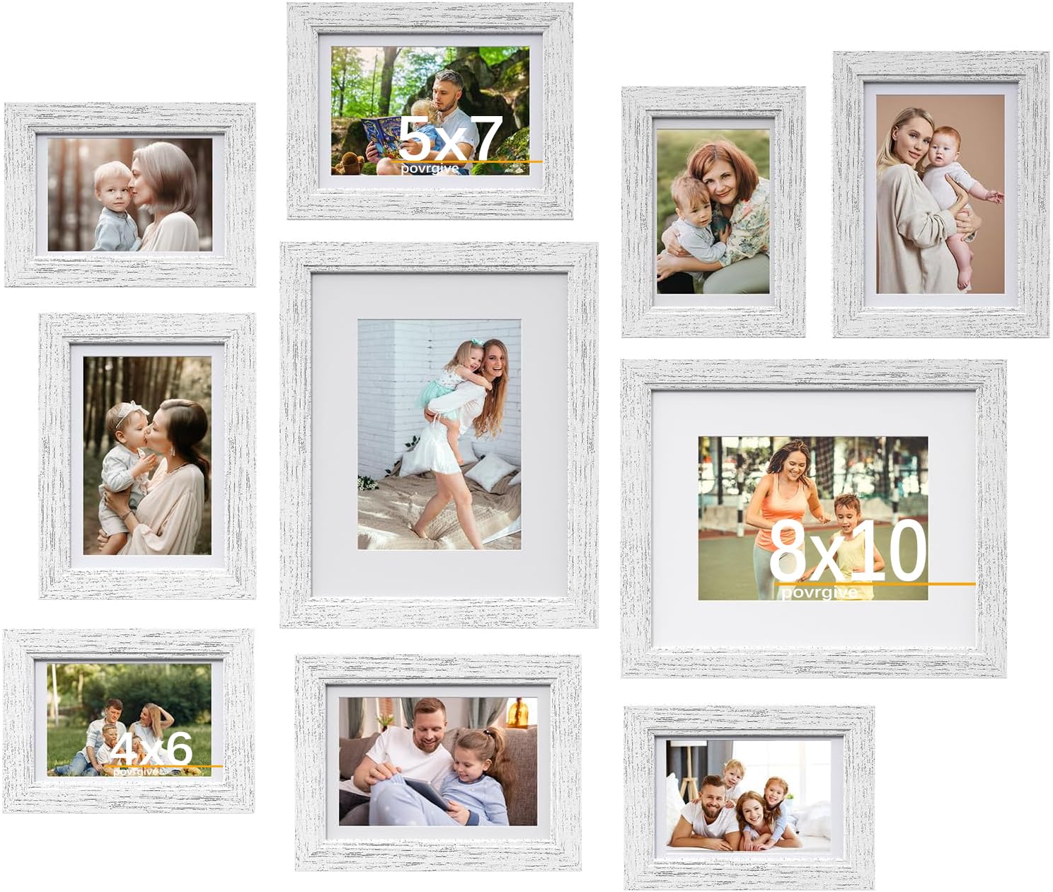Povrgive Picture Frames Set of 10 White, Bulk MDF Frames for 8x10, 5x7, 4x6 Photos Real Glass for Wall or Tabletop