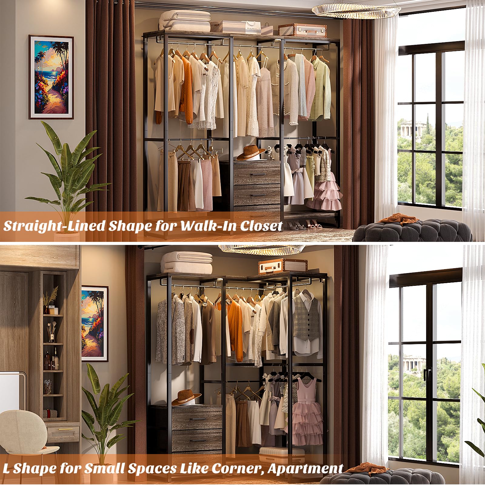 Aheaplus Garment Rack Heavy Duty Clothes Rack For Hanging Clothes,Clothing Rack With Drawers, Wood Stoarge Shelf Wardrobe Rack,