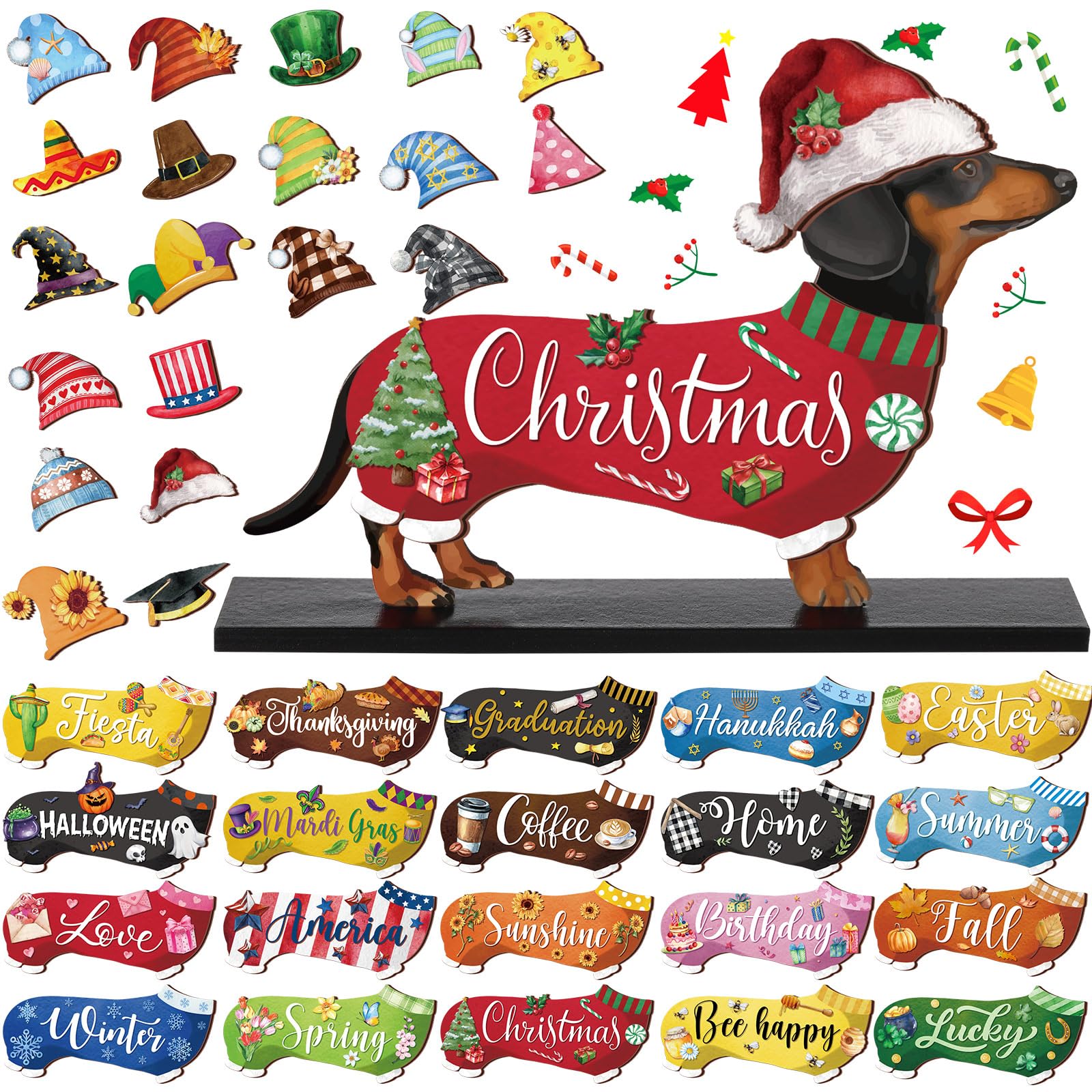Anglechic 42 Pcs Interchangeable Christmas Dachshund Decor Holiday Seasonal Sign Wiener Dog Thanksgiving Tier Tray Decoration Fa