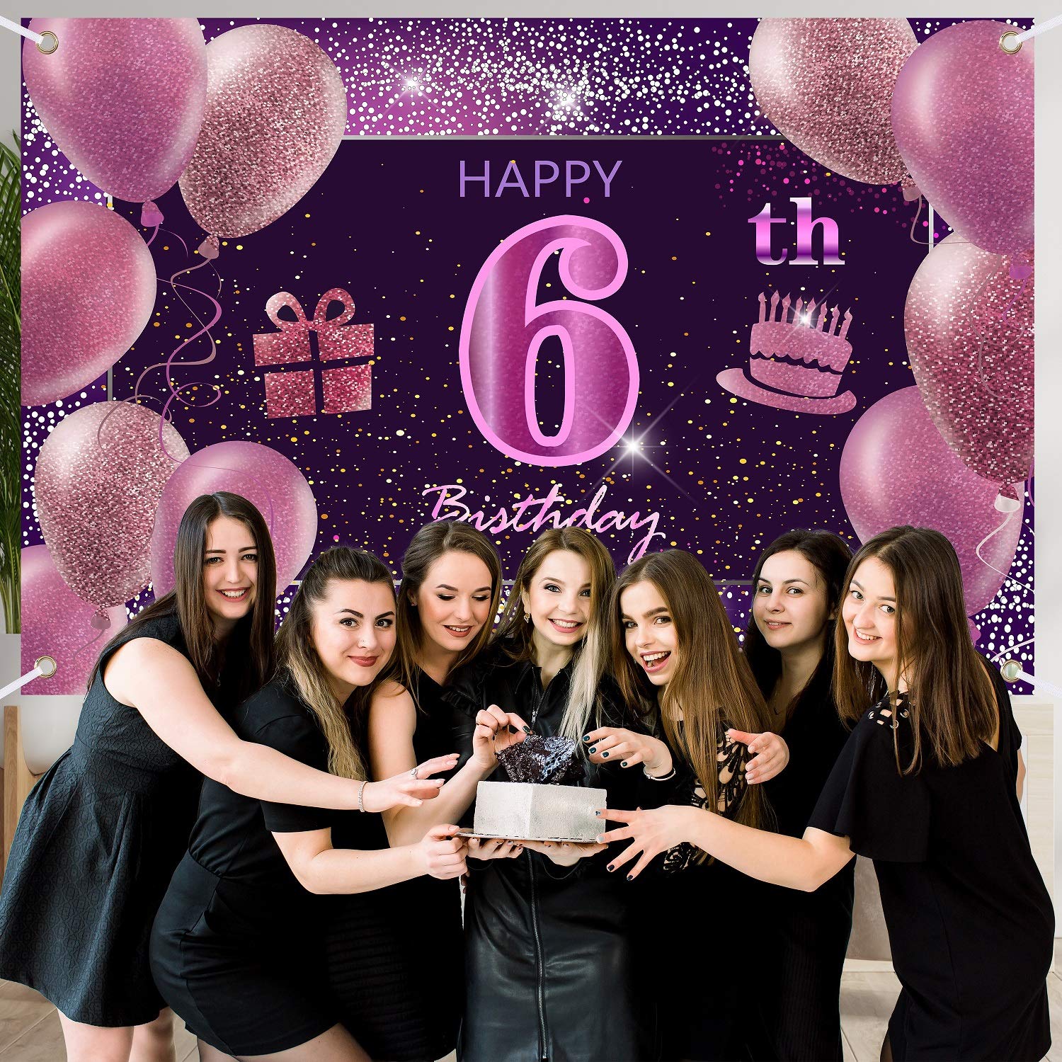 IMISI 6th Birthday Decorations - Happy Birthday Banner, Pink Gold Polyester Backdrop for Girls' Party