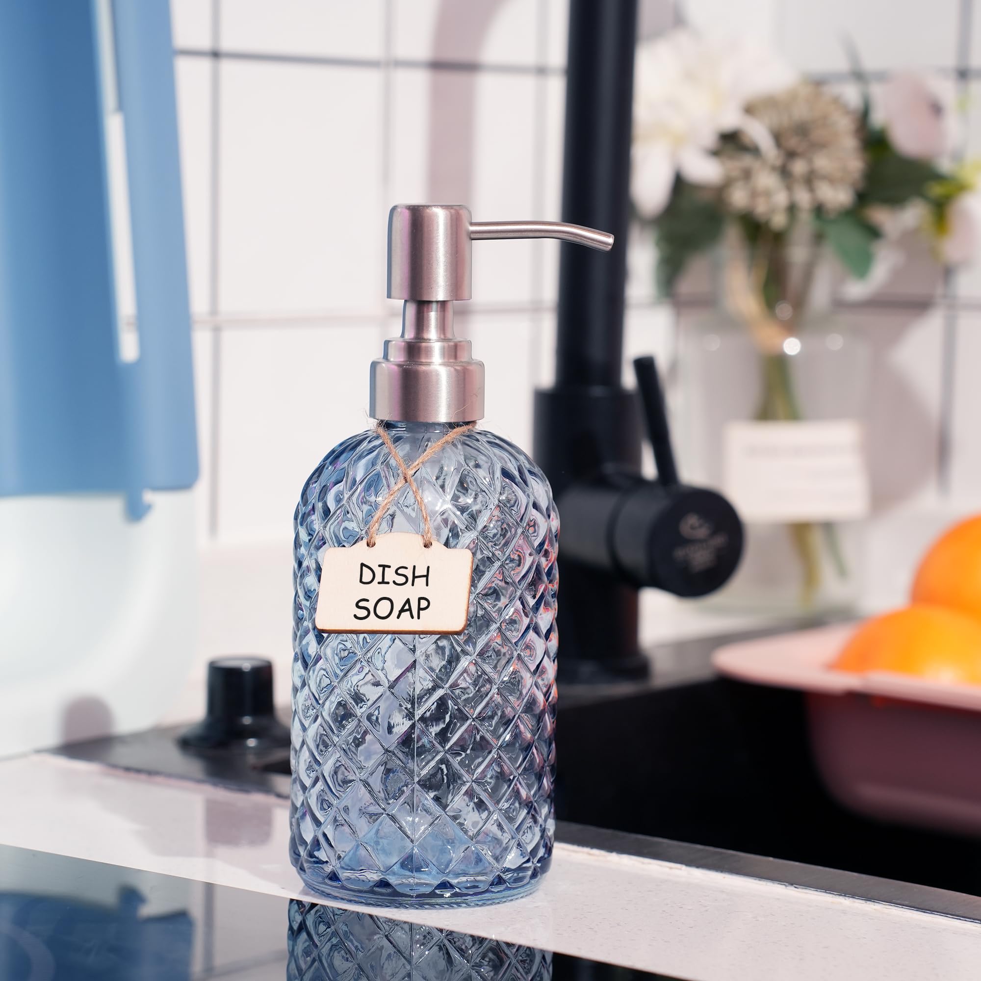 Bathroom & Kitchen Glass Hand And Dish Soap Dispenser With 304 Rustproof Stainless Steel Pump (Blue)