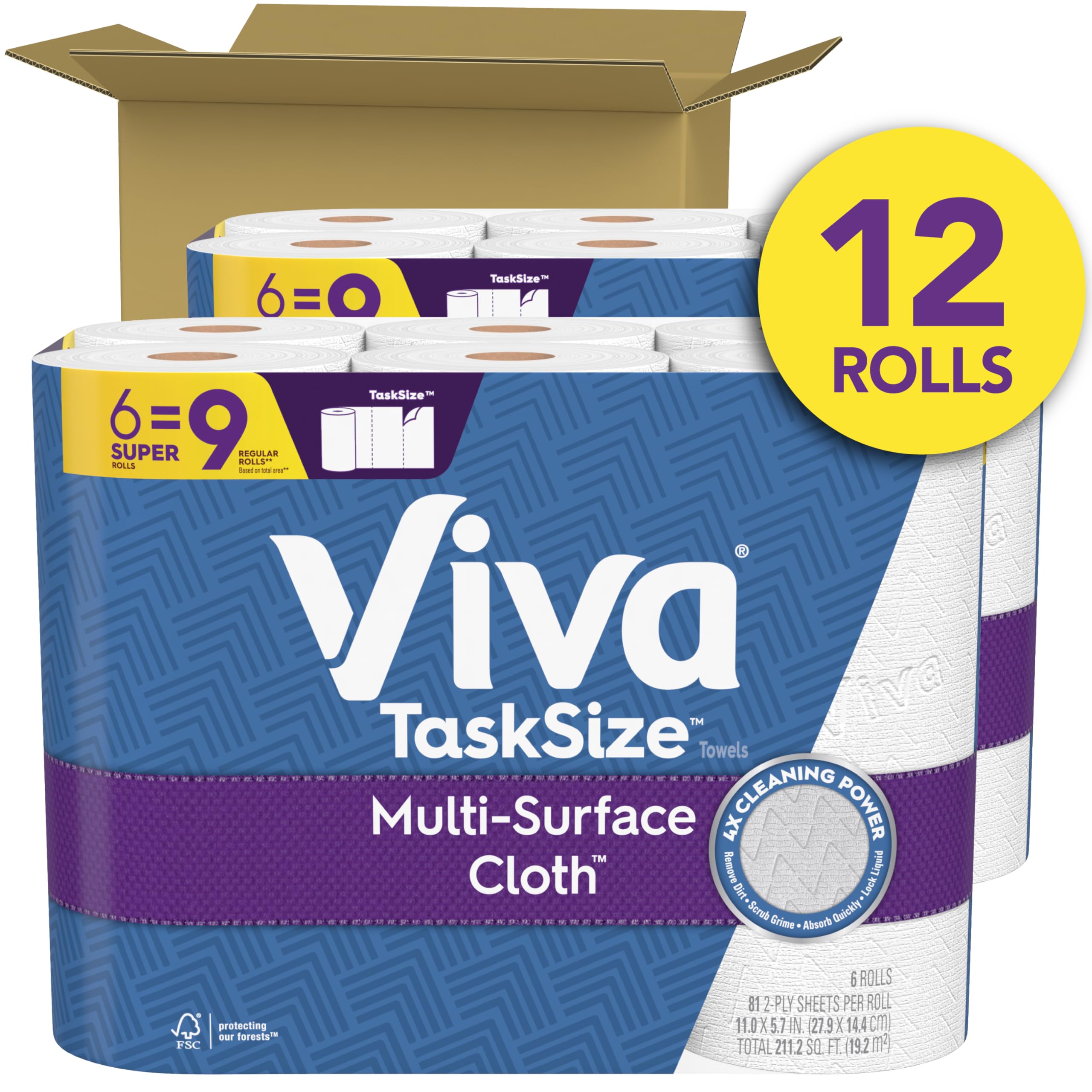 Viva Multi-Surface Cloth Paper Towels, Task Size - 12 Super Rolls (2 Packs Of 6) - 81 Sheets Per Roll