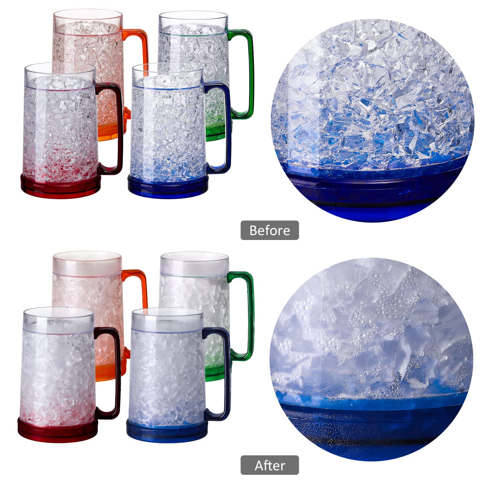 Easicozi Double Wall Gel Frosty Freezer Ice Mugs Clear 16Oz Set Of 4 (Blue, Red, Orange And Green)