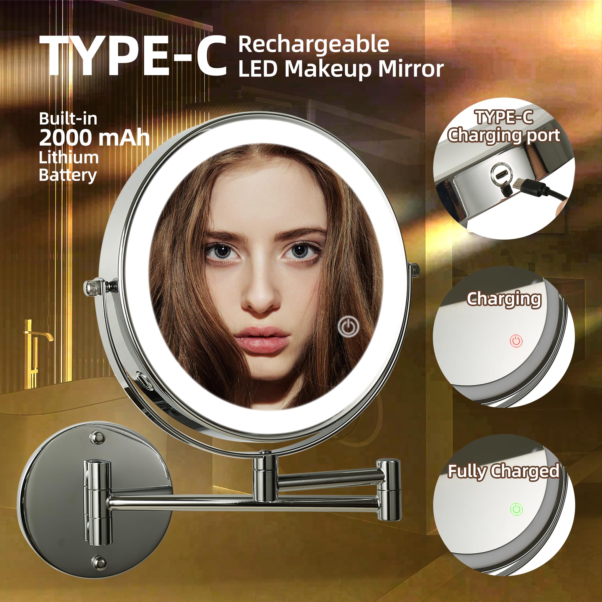 Slimoon 8'' Wall Mounted Lighted Makeup Mirror With Magnification, 1X/10X Magnifying Mirror With Light, 3 Color Lights, Extendab