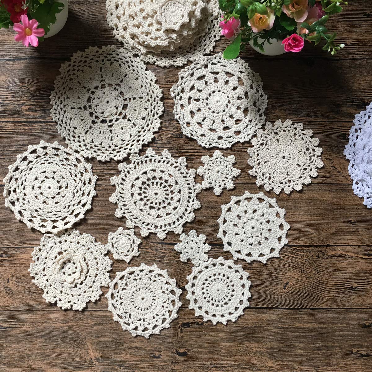Mindplus Set Of 24 Hand Crochet Doilies Lace 2-7 Inch Round Cotton Beige Vintage (24Pcs Beige)