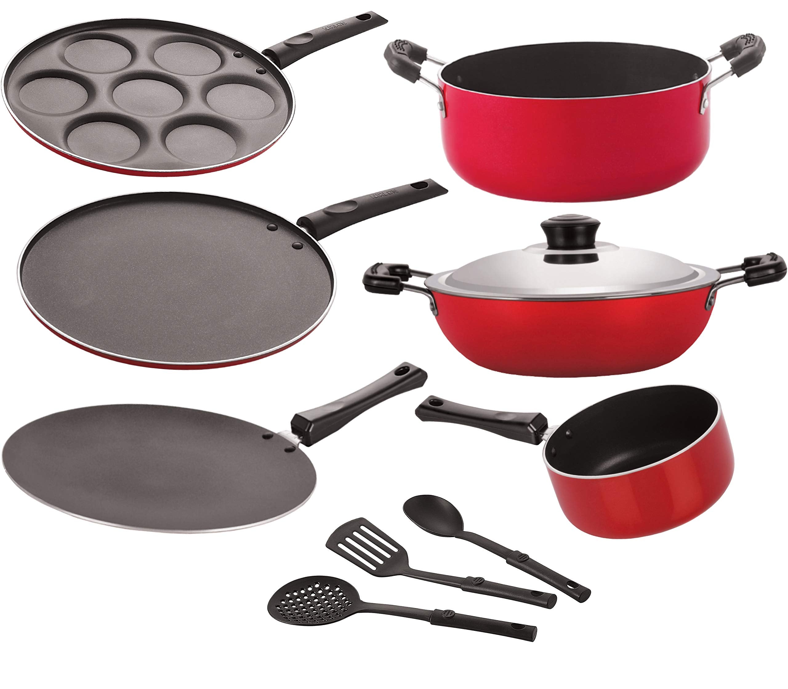 Nirlon NonStick Odor Free 3 Layer Coating Aluminium Cookware Combo Set 9 Piece [2.6Mm_Ct_Dkdm_Spb_Up_Cass20_St11_3Spn]