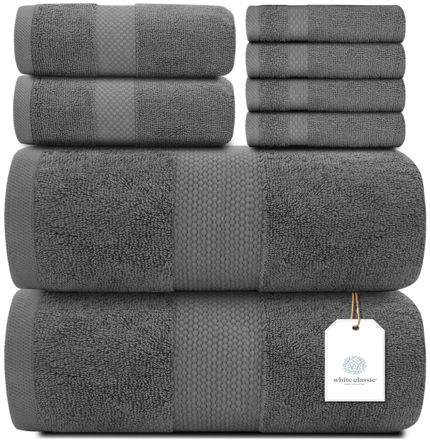 White Classic Luxury Grey Bath Towel Set - Combed Cotton Hotel Quality Absorbent 8 Piece Towels | 2 Bath Towels 700Gsm | 2 Hand
