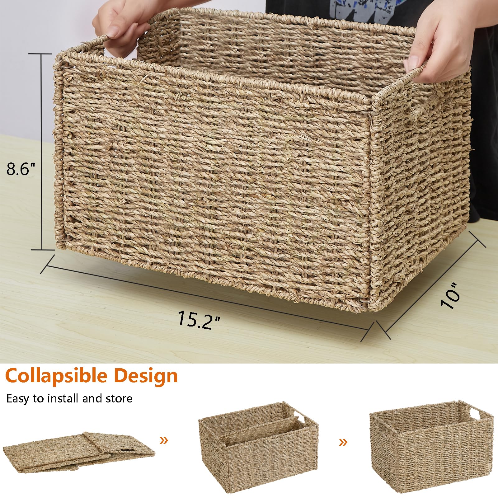 Vagusicc Wicker Basket, Baskets For Organizing, Set Of 2 Woven Seagrass Wicker Storage Basket With Handles, Foldable Large Cube