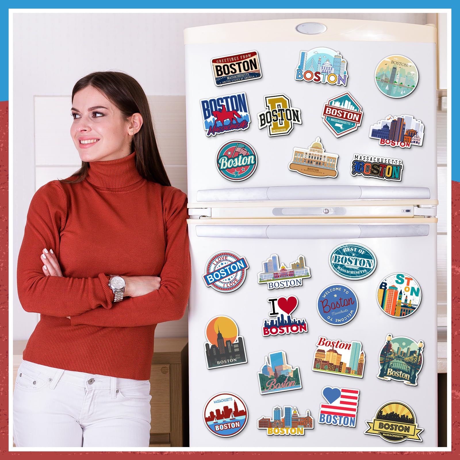 Konohan 30 Pcs Boston Souvenirs Gifts Boston Magnet for Refrigerator City Magnetic Refrigerator Stickers for Home Decoration