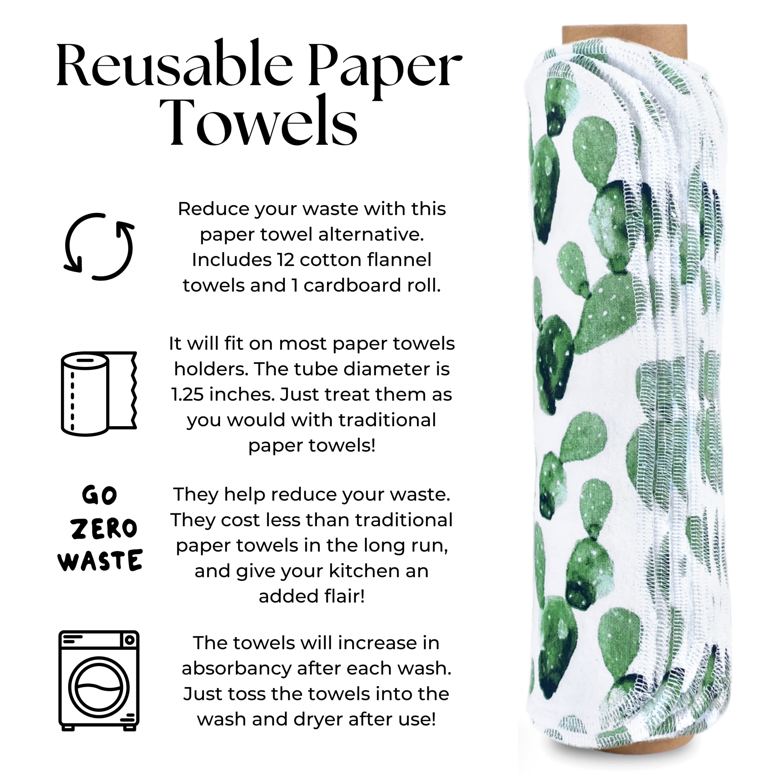 The Useless Brand Reusable Paper Towels Roll | 12 Eco Friendly Washable Cotton Flannel Towels w/Cardboard Roll | Zero Waste & Sustainable | Fits on All Holders (Cactus  12 Towels)