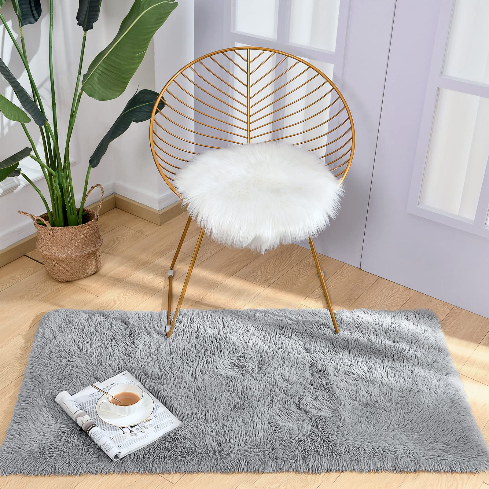 Keeko Small Fluffy Rug for Bedroom, 2x4 Grey Bedside Runner Rug Non Slip Throw Rugs for Living Room Entryway Shag Fuzzy Faux Fur