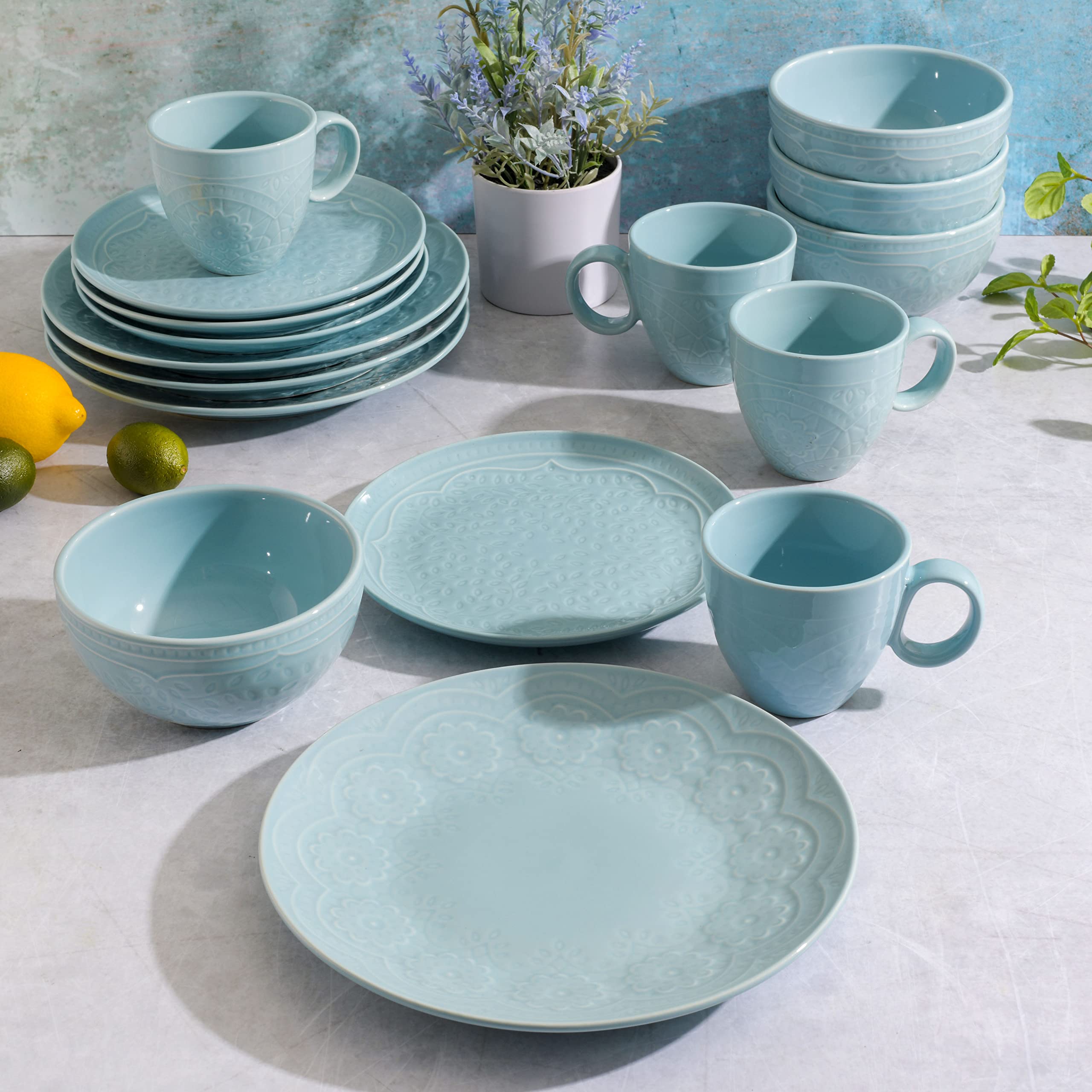 Gibson Elite Alemany Dinnerware Set, Aqua, Service for 4 (16pcs)