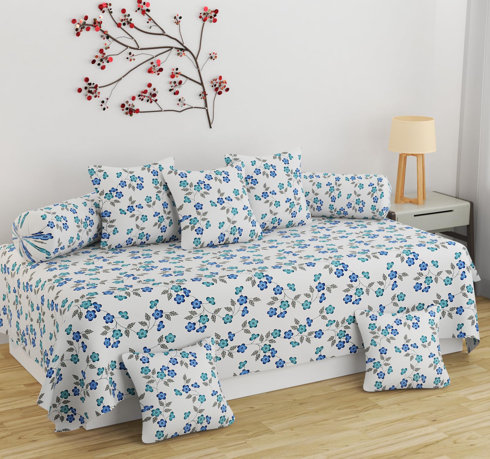 Homefab India 220 Tc Microfiber Soft Cotton Diwan Set - 8 Piece- Floral, White, Blue