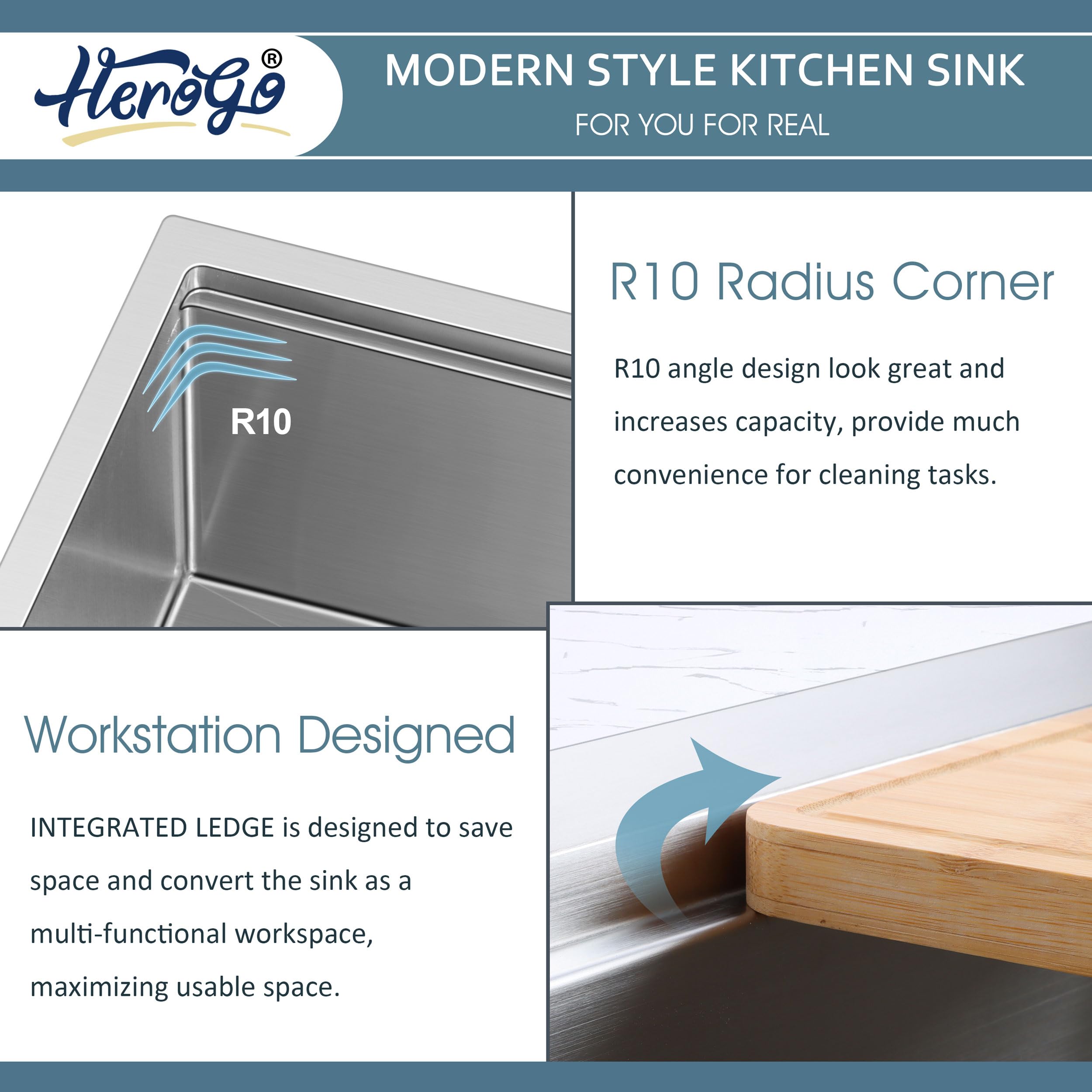 Herogo 33X19Inch Undermount Kitchen Sink, Stainless Steel Single Bowl Kitchen Workstaion Sink Basin, Handmade 10'' Deep Kitchen
