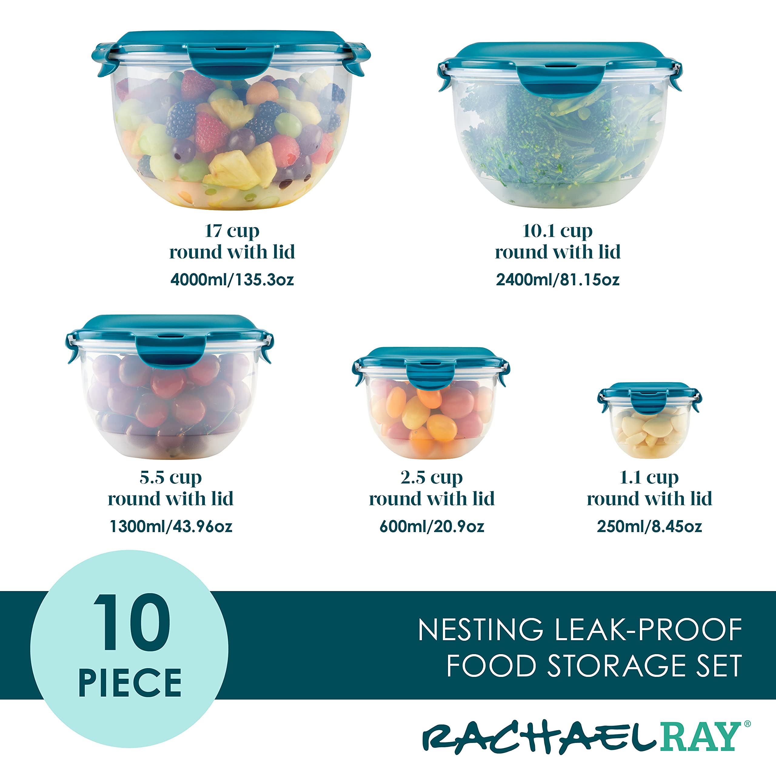 Rachael Ray Leak-Proof Nestable Container Food Storage Bin Set, 10-Piece, Clear With Teal Lids