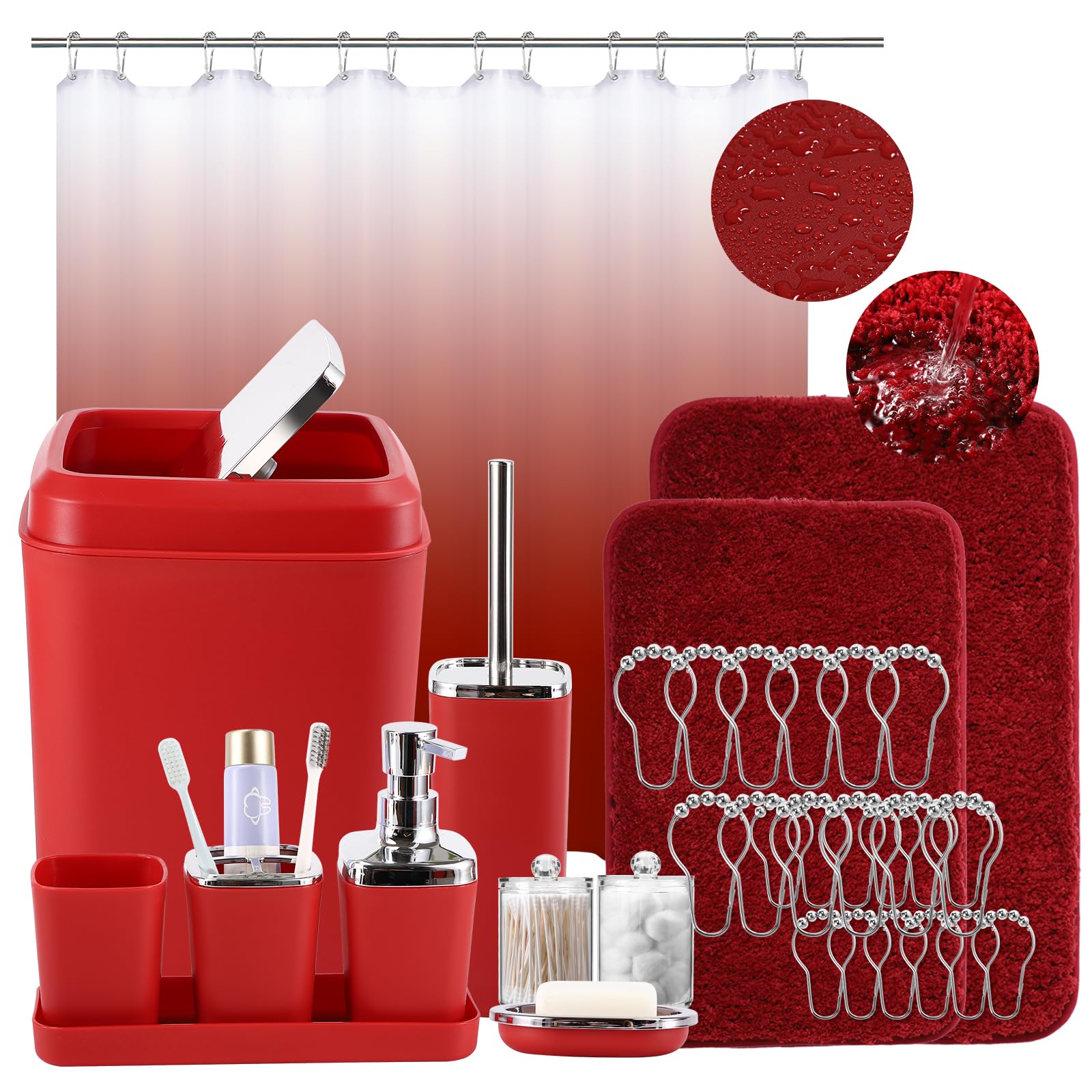 Burgundy Bathroom Accessories Set With Ombre Shower Curtain And Bathroom Rugs, Dark Red Bathroom Sets With Trash Can,Toothbrush