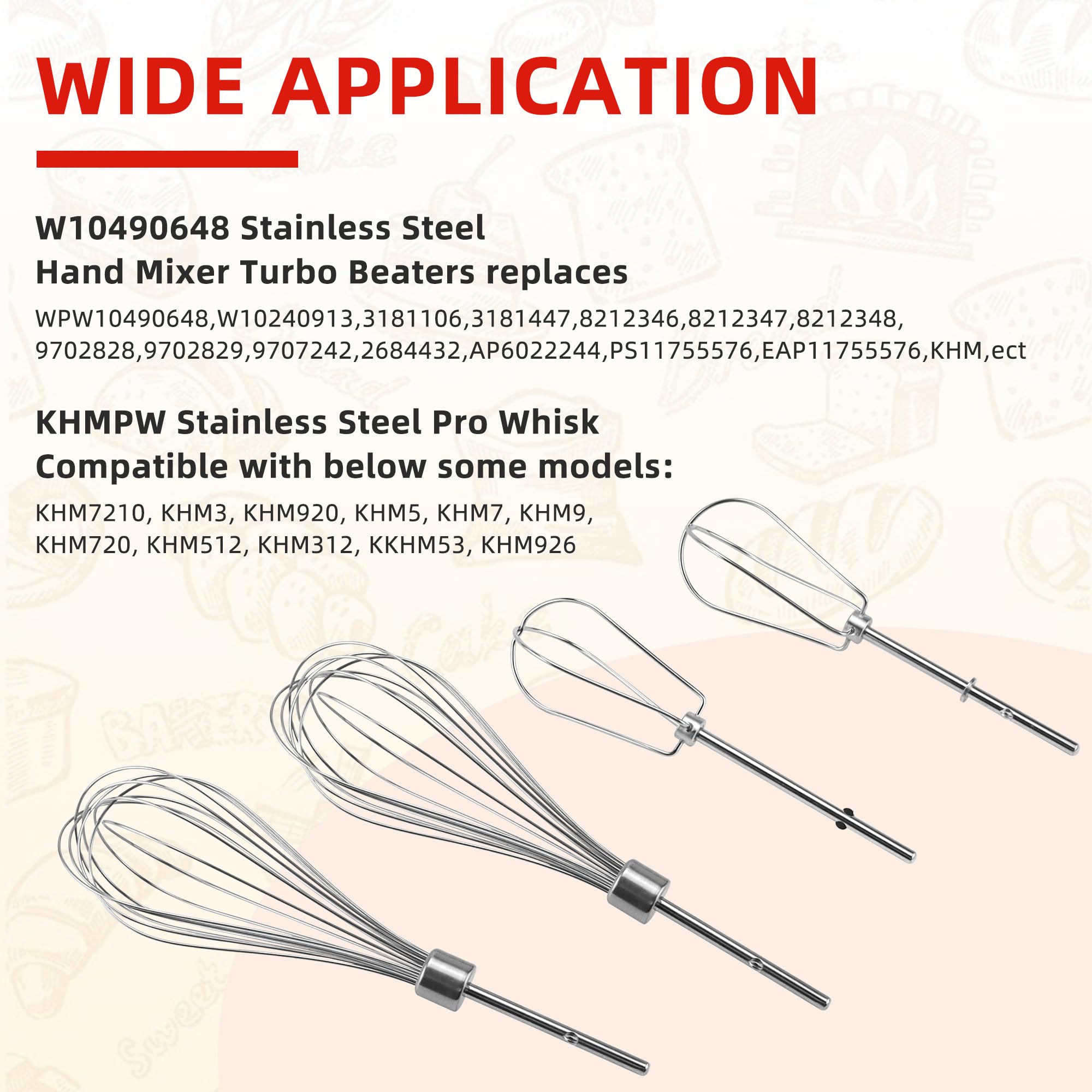 Fetechmate Khm2B W10490648 Hand Mixer Turbo Beaters (2 Pack) & Khmpw Stainless Steel Pro Whisk(2 Pack)-Replace Ap5644233, Ps4082
