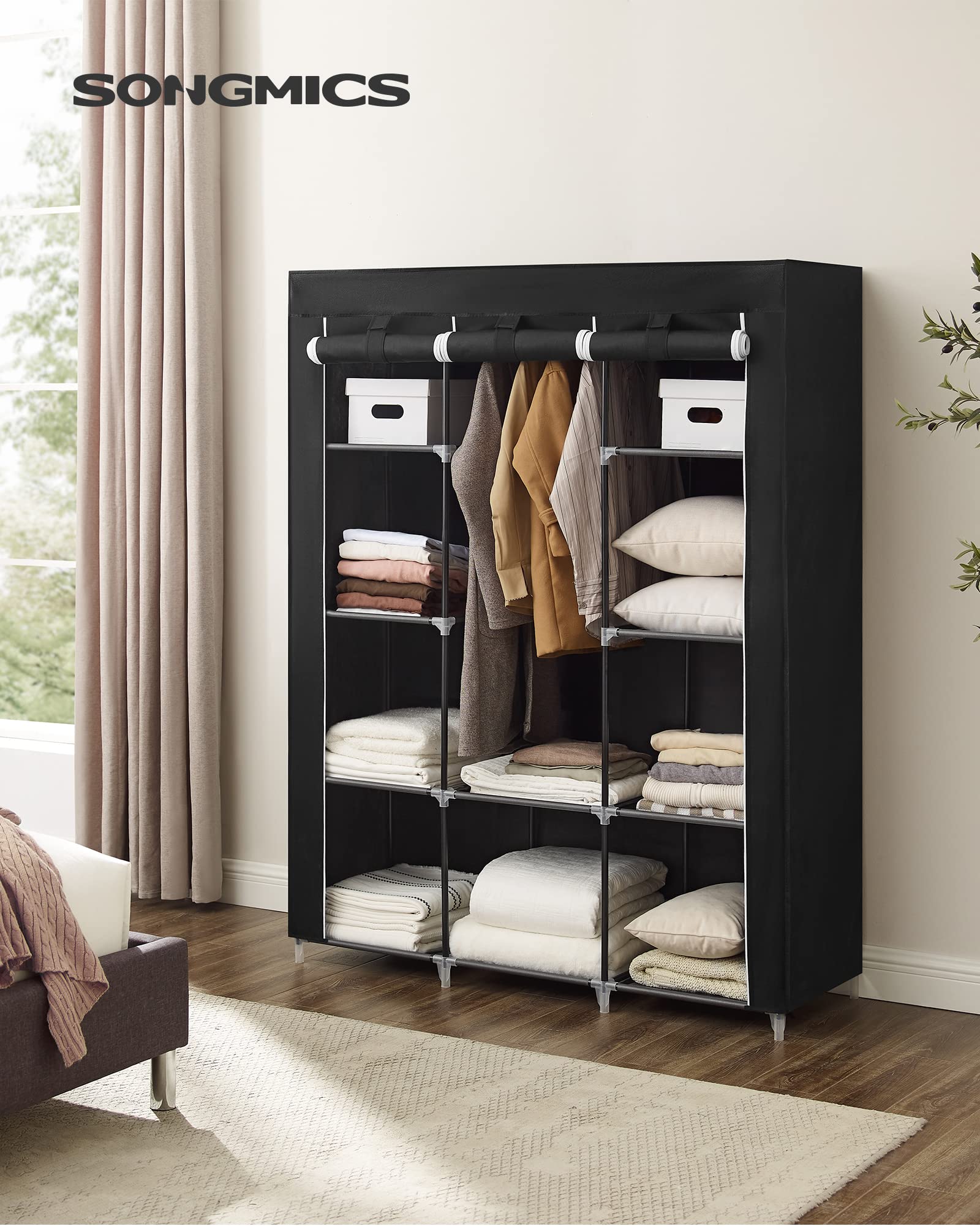 SONGMICS Portable Closet  Clothes Storage Organizer with 10 Shelves  1 Clothes Hanging Rail  Non-Woven Fabric Closet  Metal Frame  51 x 17.7 x 66.1 Inches  Black URYG93BK