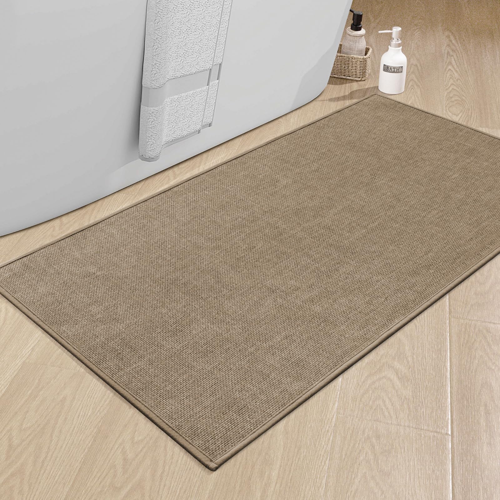 Chakme Bathroom Rugs Mat 47X25, Ultra Thin Non Slip Bath Mat Large Quick Dry Absorbent Bath Mat For Bathroom Floor, (Dark Beige,