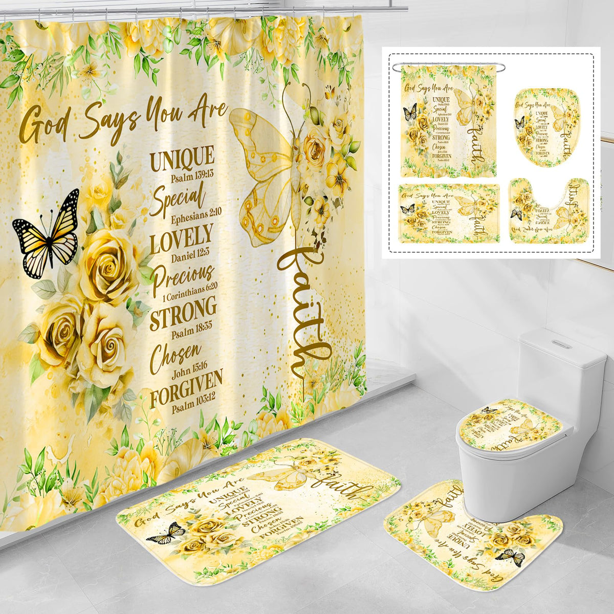 Litabel 4 Pcs Yellow Butterfly Inspirational Quotes Shower Curtain Set With Rugs And Toilet Lid Cover, Colorful Boho Waterproof