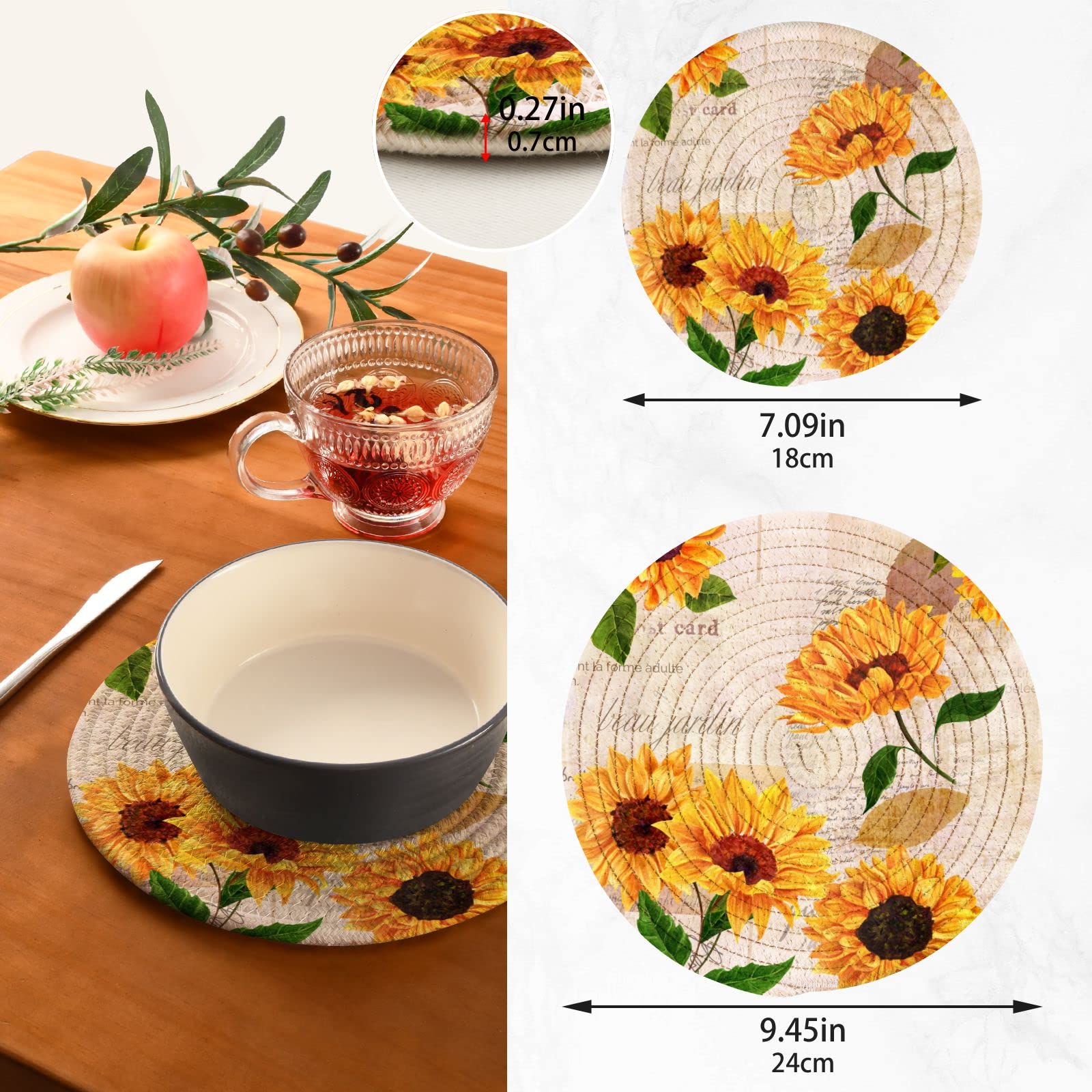 Blueangle 2-Pcs Yellow Watercolor Sunflowers Trivet Pot Holder - Round Woven Potholders Set - Cotton Braided Hot Pads - Coasters