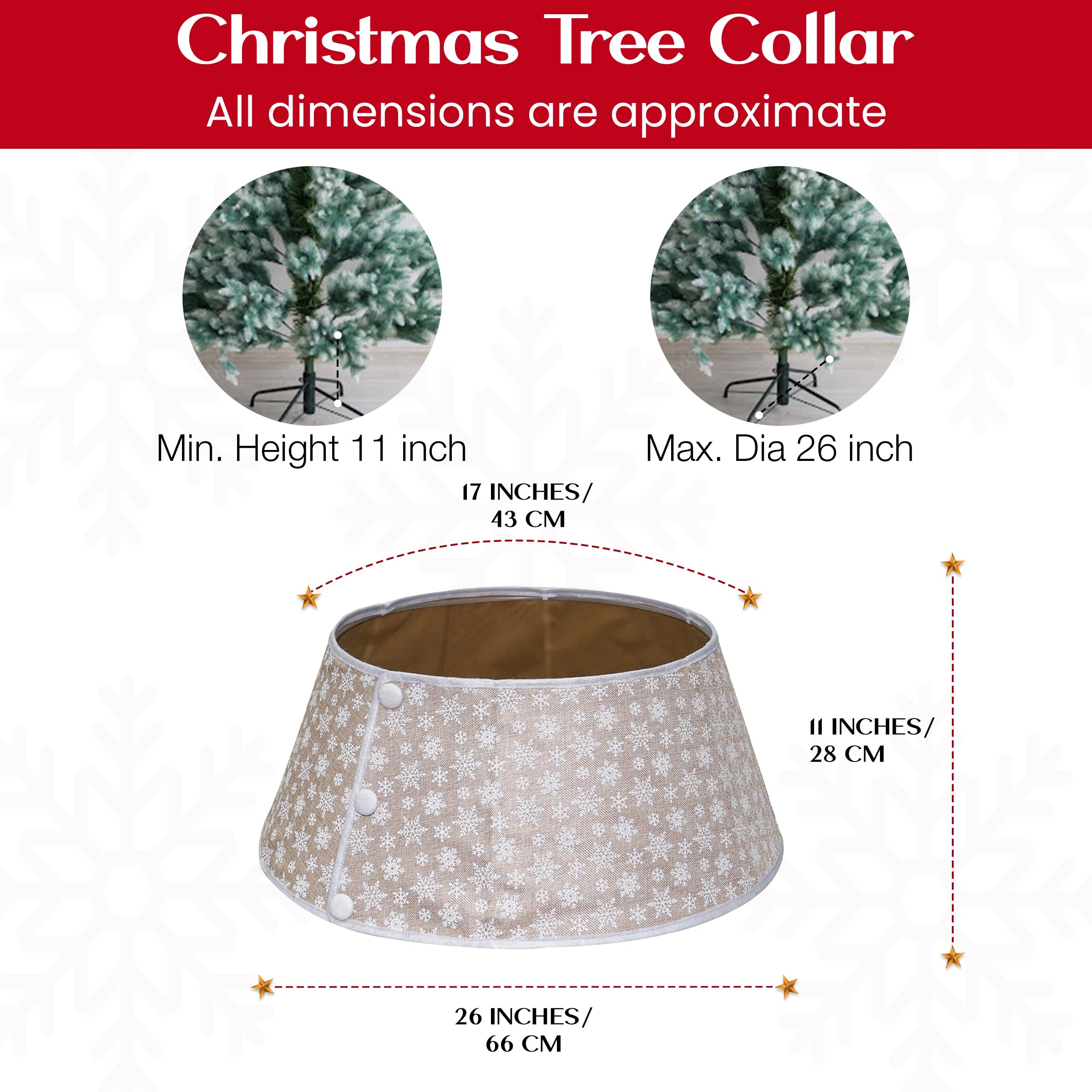 New Traditions Tan Burlap Christmas Tree Collar with White Snowflakes - 26 Diameter Fabric Stand Band for Artificial & Natural T