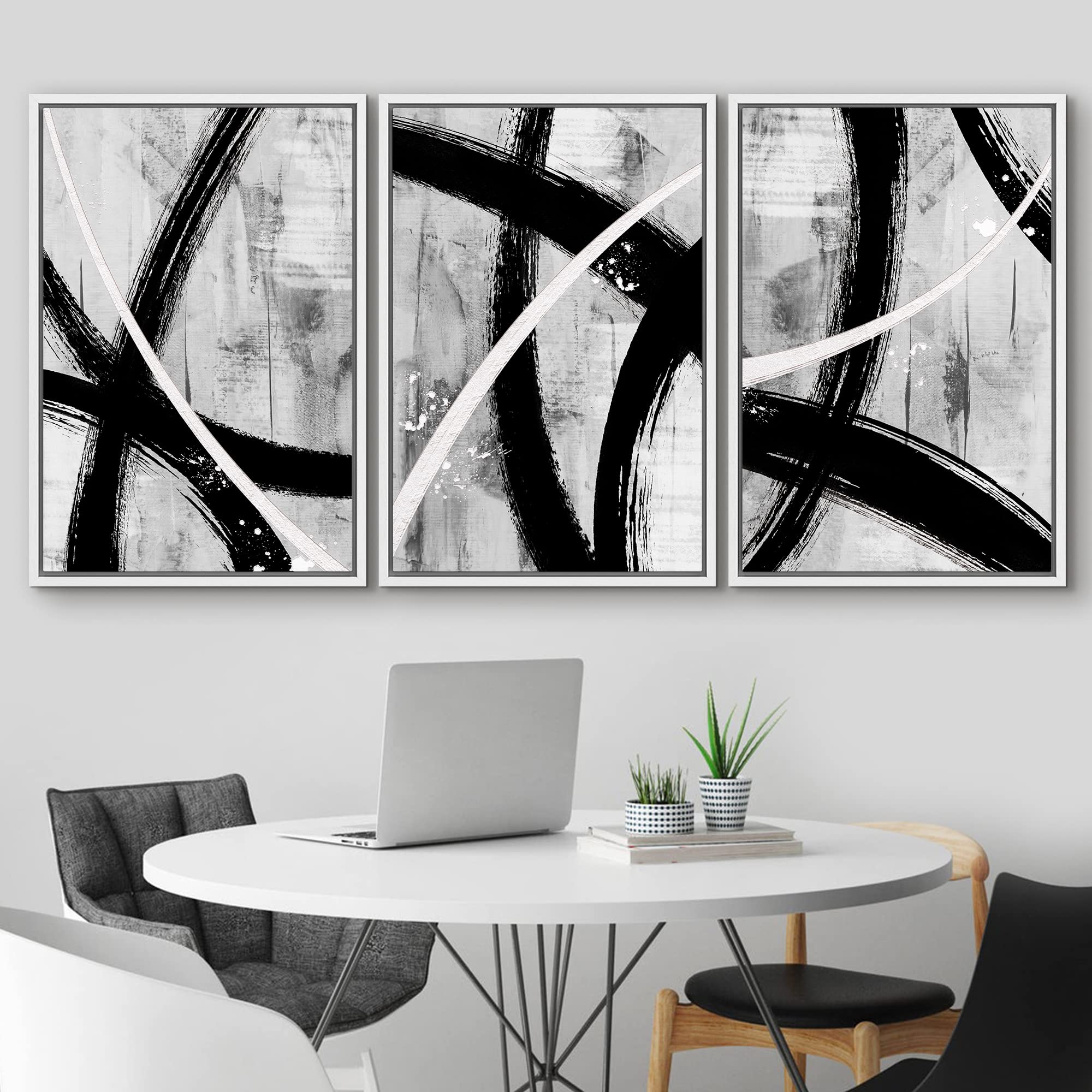 Idea4Wall Framed Canvas Print Wall Art Set Black Gray White Geometric Paint Strokes Abstract Shapes Illustrations Modern Art Dec