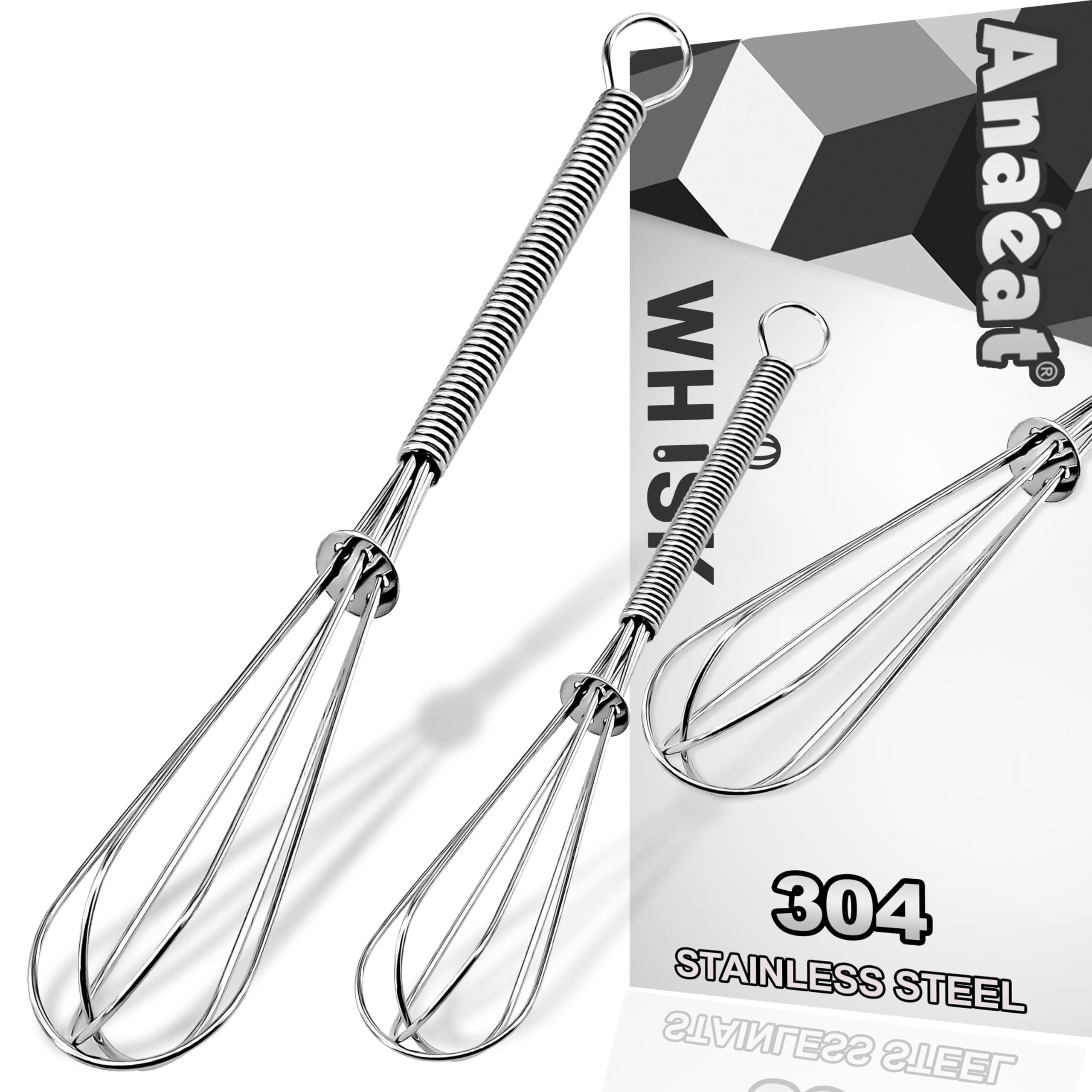Anaeat Mini Wire Whisks Set of 2 - Stainless Steel, 5" & 7" Portable Kitchen Whisks for Cooking, Blending, Beating, Stirring