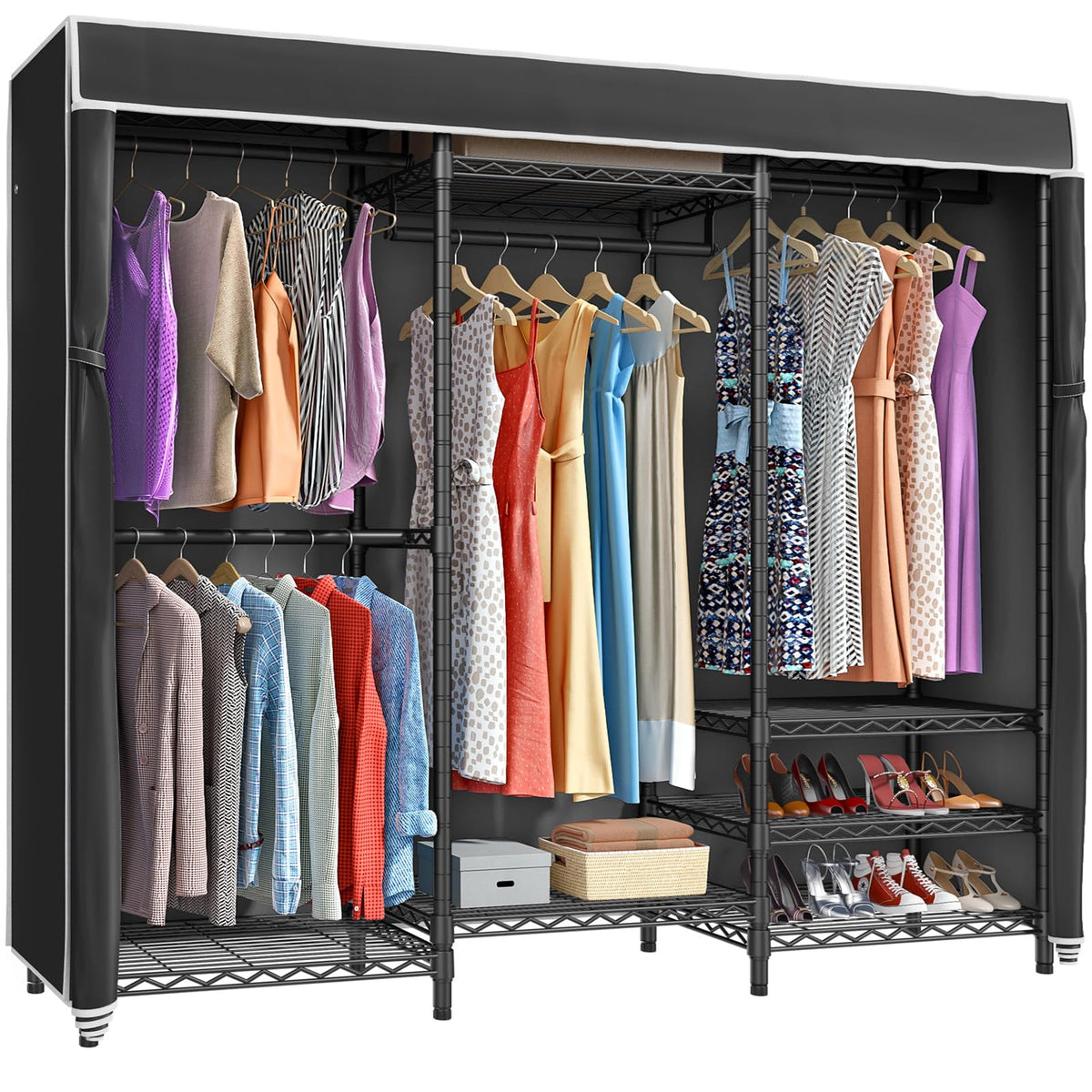 Vipek V5C Heavy Duty Covered Clothes Rack Portable Bedroom Armoires Rack, Black Metal Clothing Rack With Black Cover, Adjustable