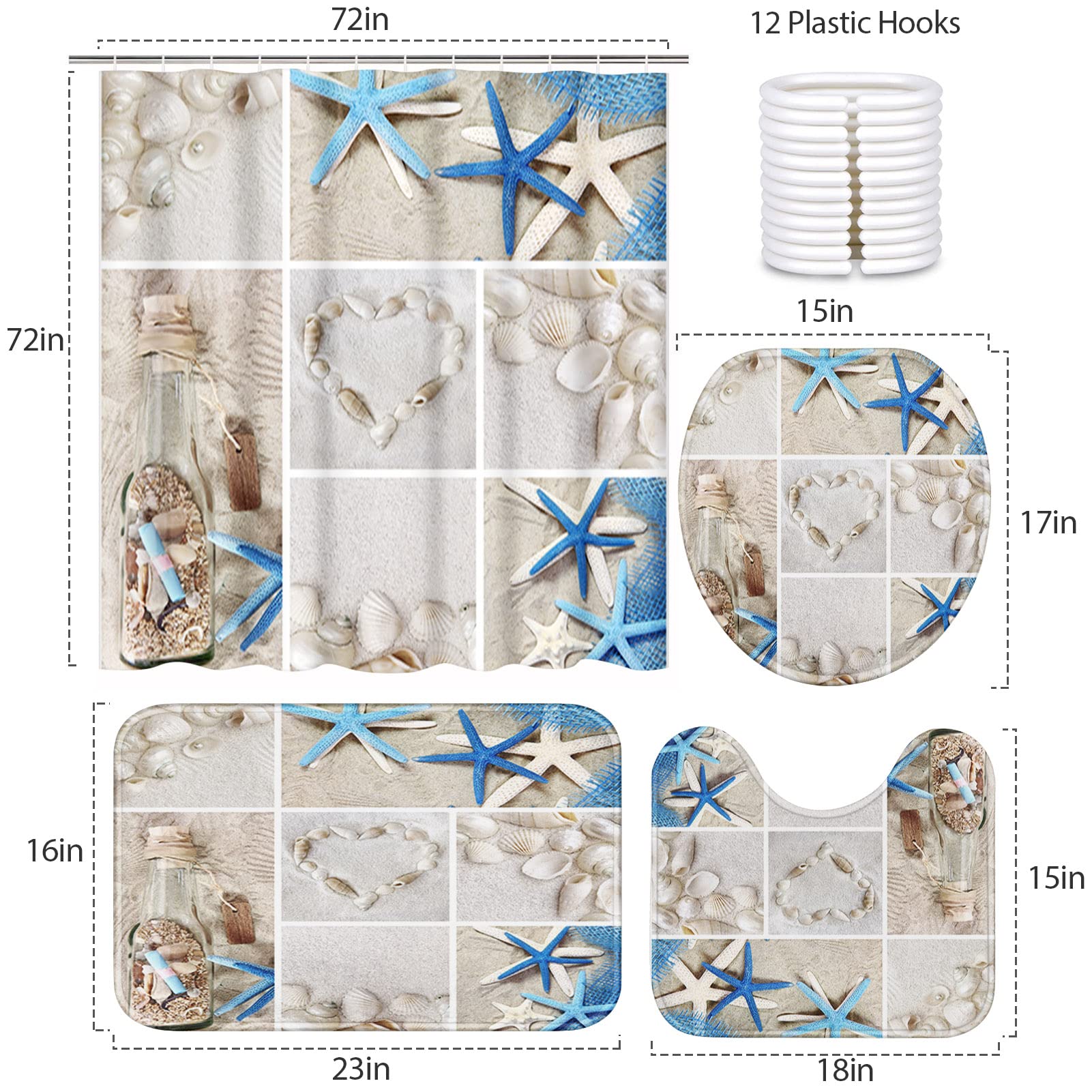 4 Piece Shower Curtain Sets  with 12 Hooks  Shell Collage Accessories Massage with Non-Slip Rugs  Toilet Lid Cover and Bath Mat  Durable and Waterproof  for Bathroom Decor Set  72'' x 72''