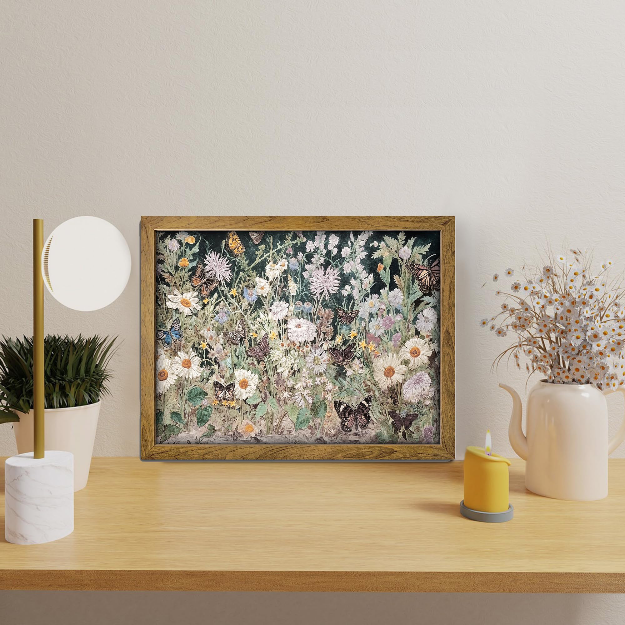 Banmu Wildflowers Butterfly Garden Painting - Spring Dark Botanical Wall Art, Jewel Toned Floral Painting For Bedroom Decor, Liv