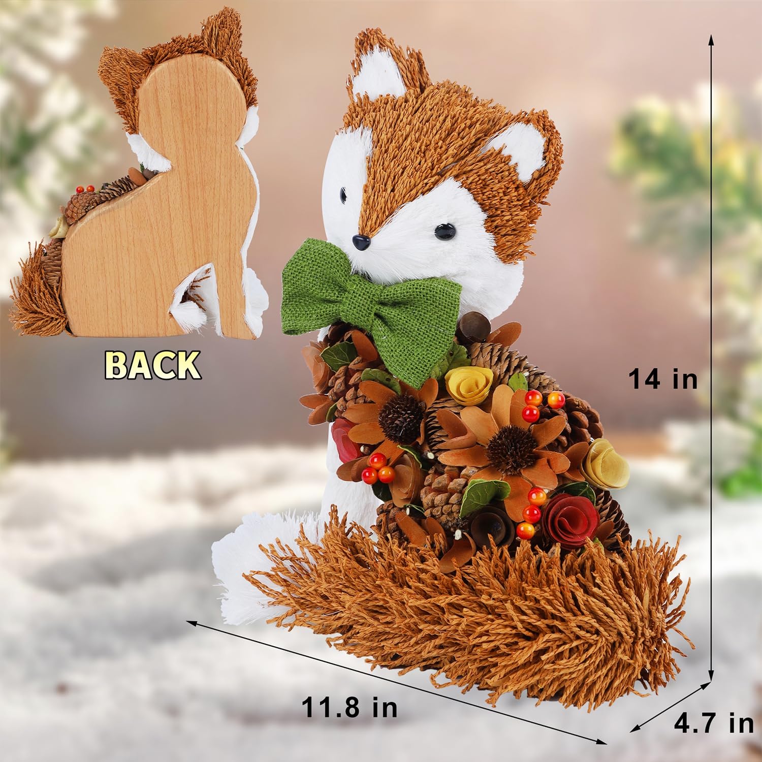 Glintoper Fall Wreath for Front Door, 14 Thanksgiving Straw Fox Figurine with Woodchip Pinecone, Hanging Harvest Autumn Gifts, T